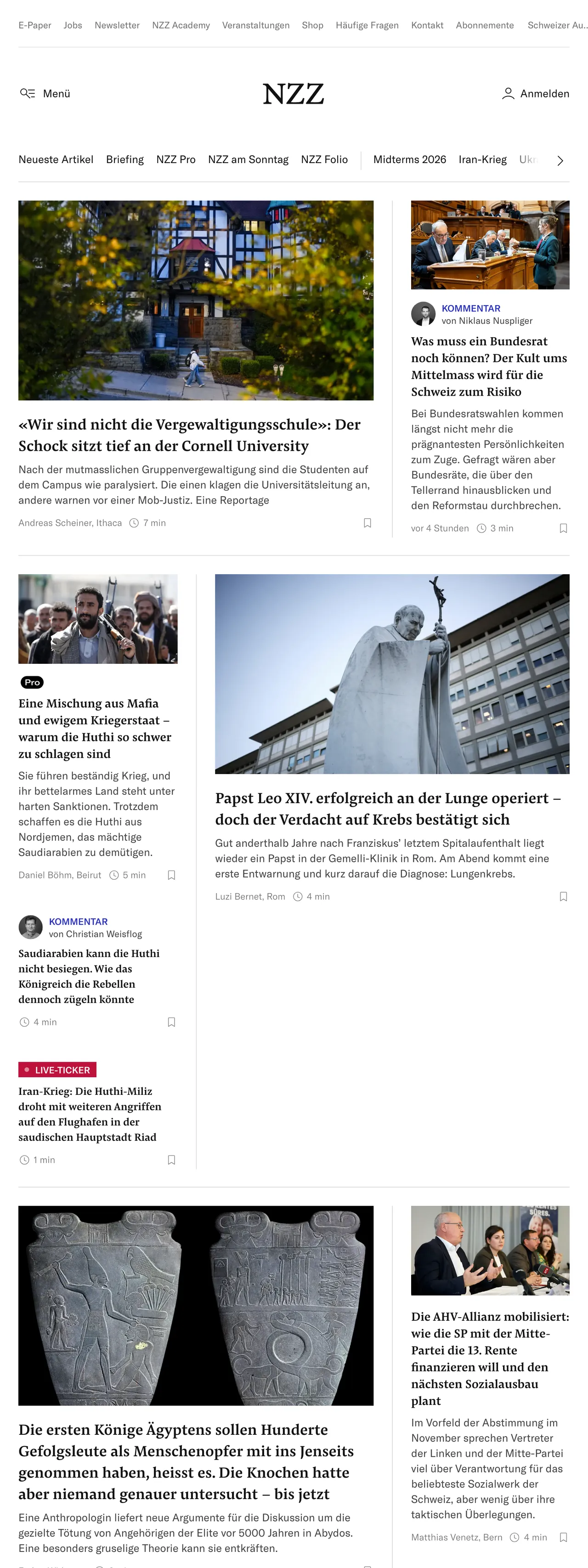 Screenshot of the Neue Zürcher Zeitung front page