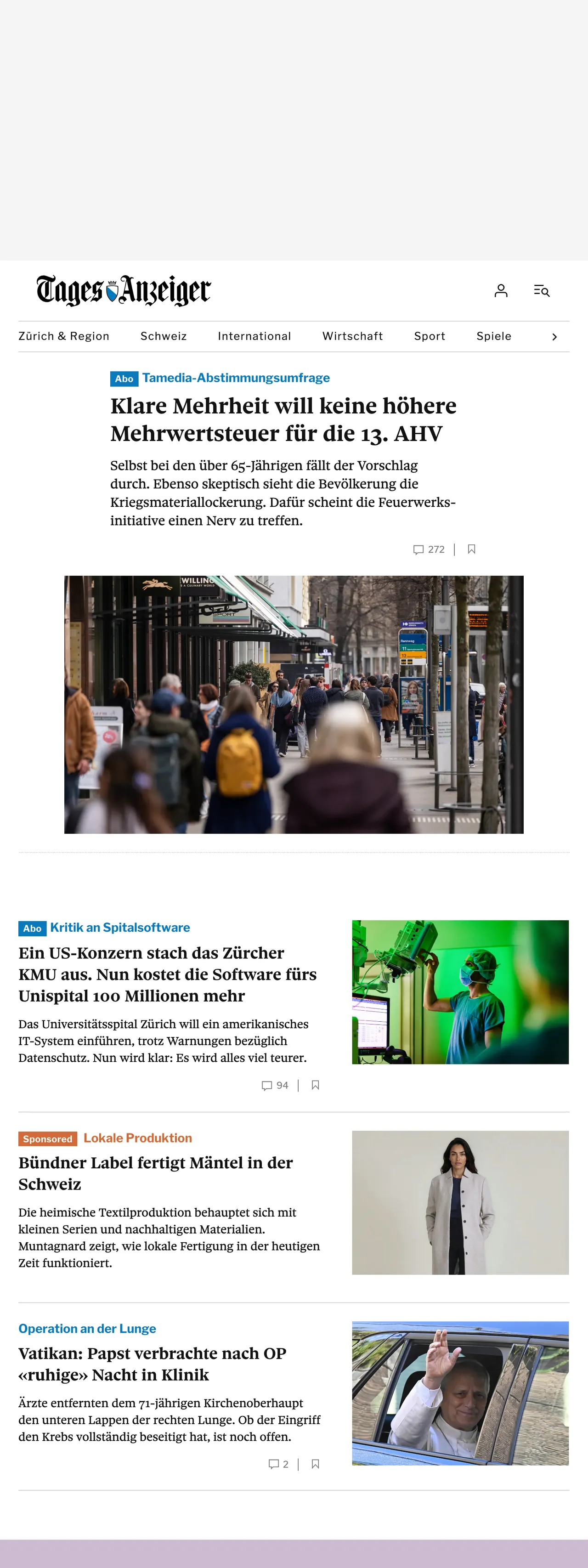 Screenshot of the Tages-Anzeiger front page