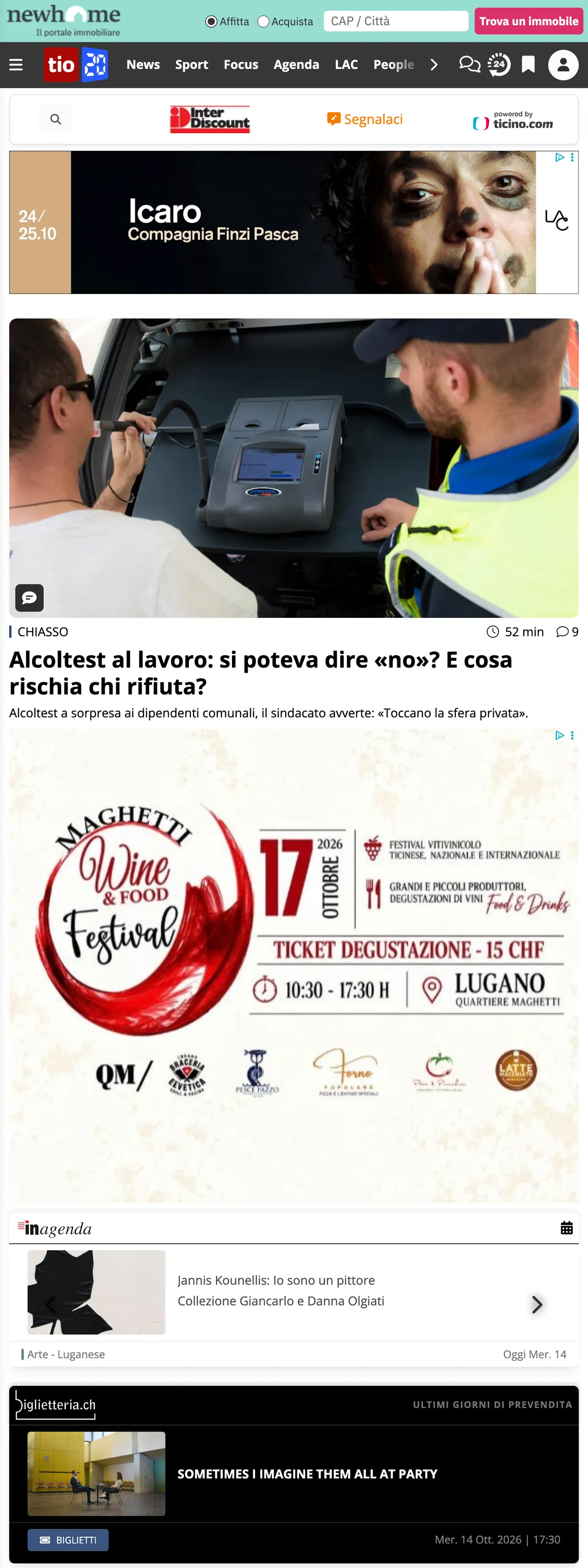 Screenshot of the Ticinonline front page