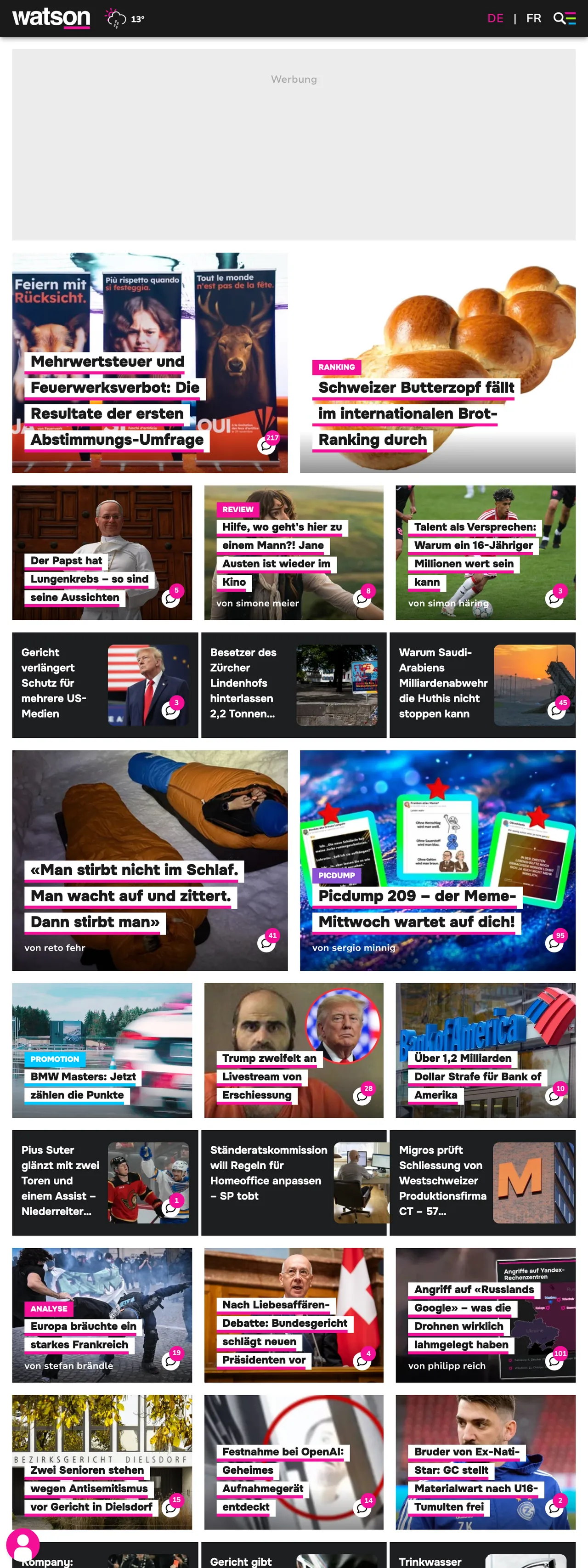 Screenshot of the watson front page