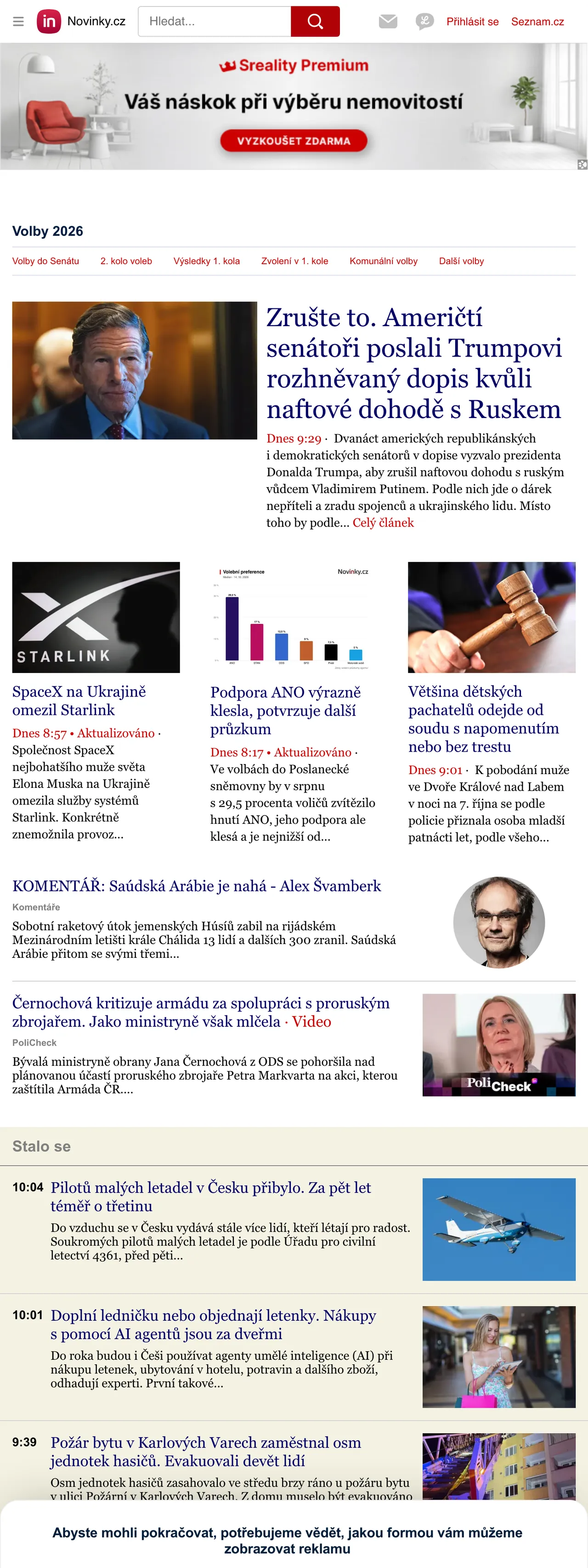 Screenshot of the Novinky.cz front page
