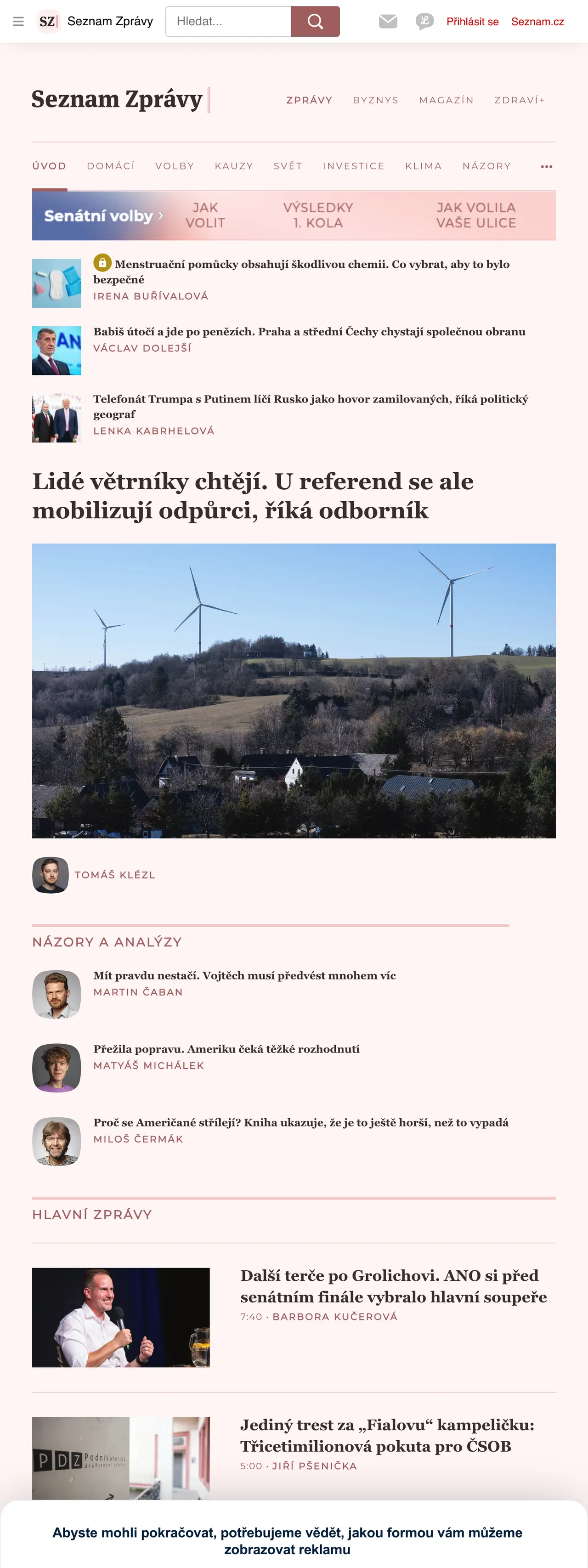 Screenshot of the Seznam Zprávy front page