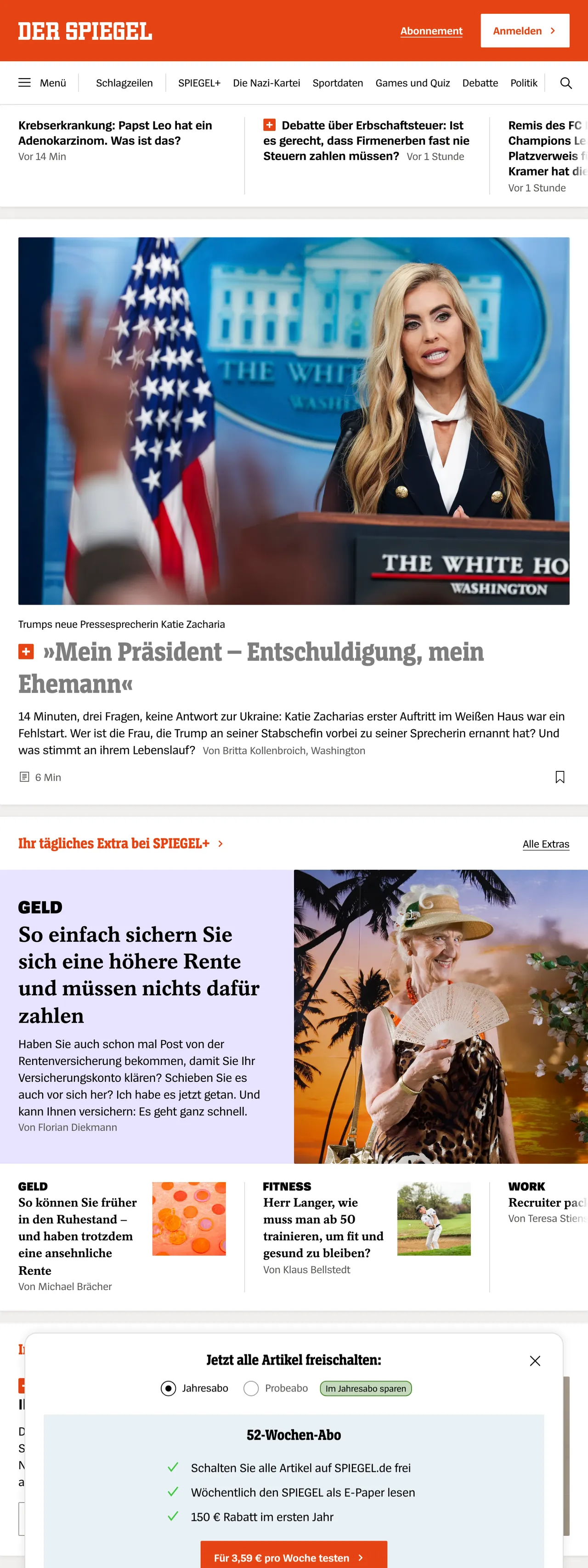 Screenshot of the DER SPIEGEL front page