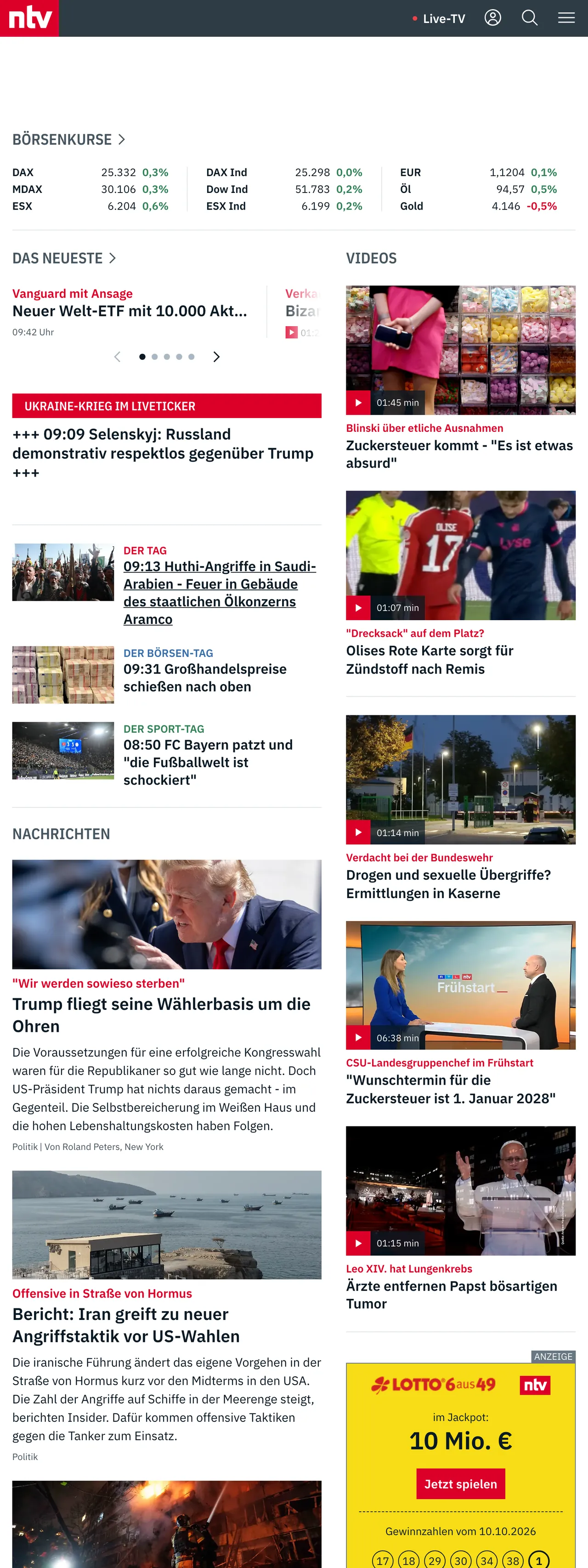 Screenshot of the n-tv front page