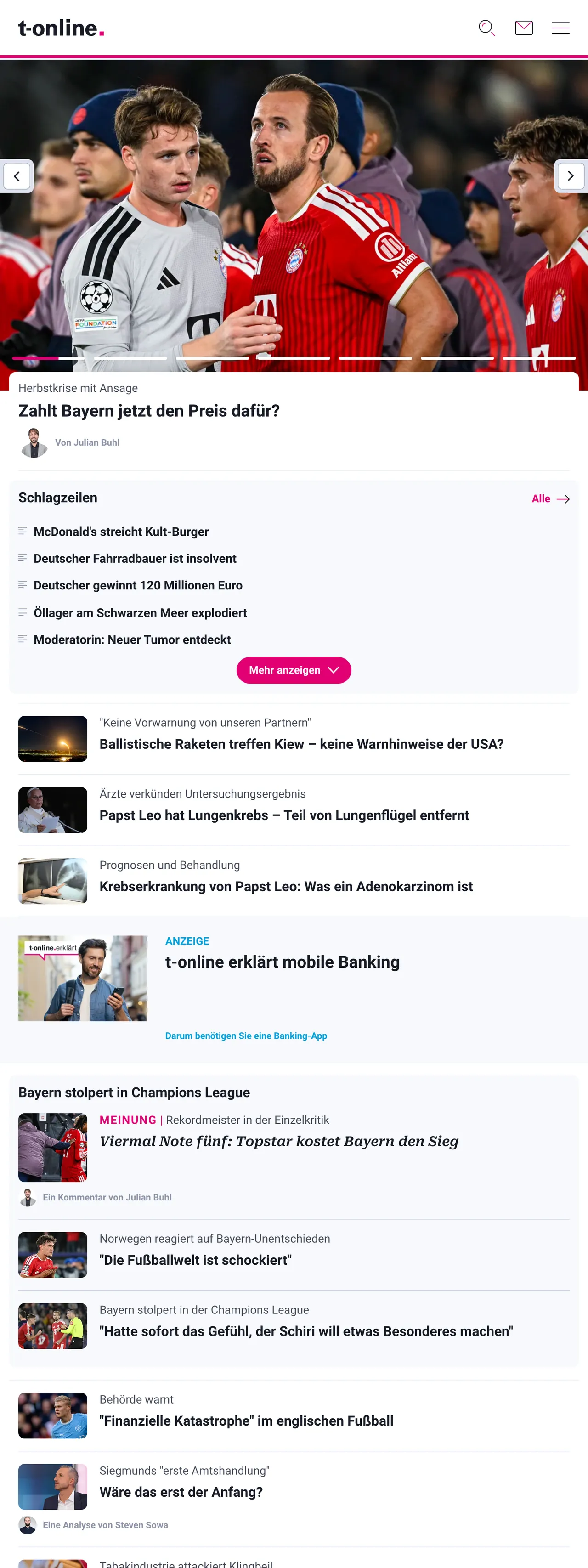 Screenshot of the t-online front page