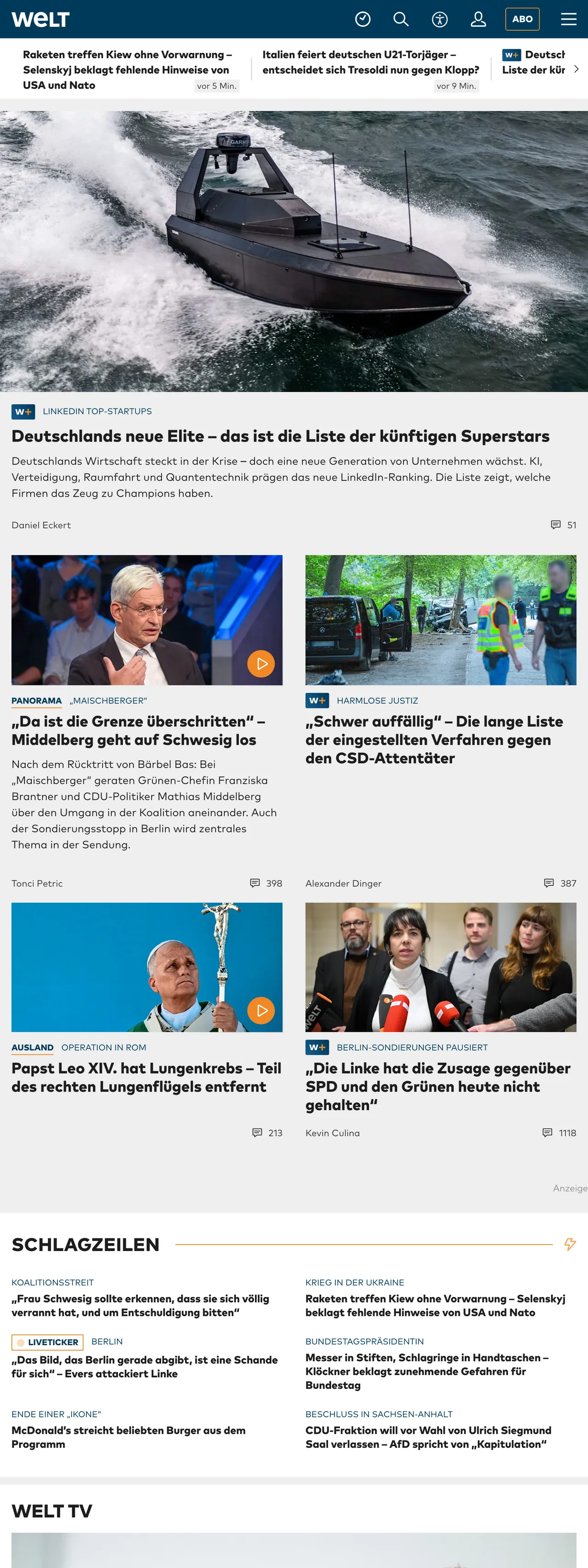 Screenshot of the WELT front page