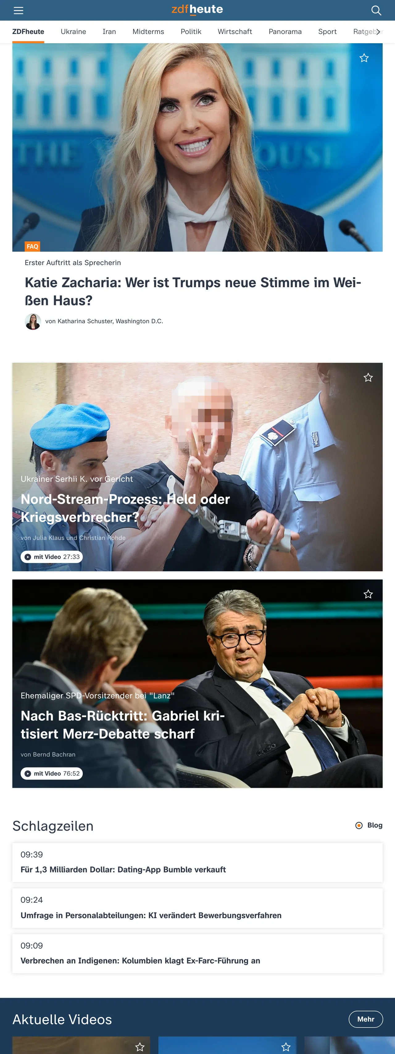 Screenshot of the ZDFheute front page