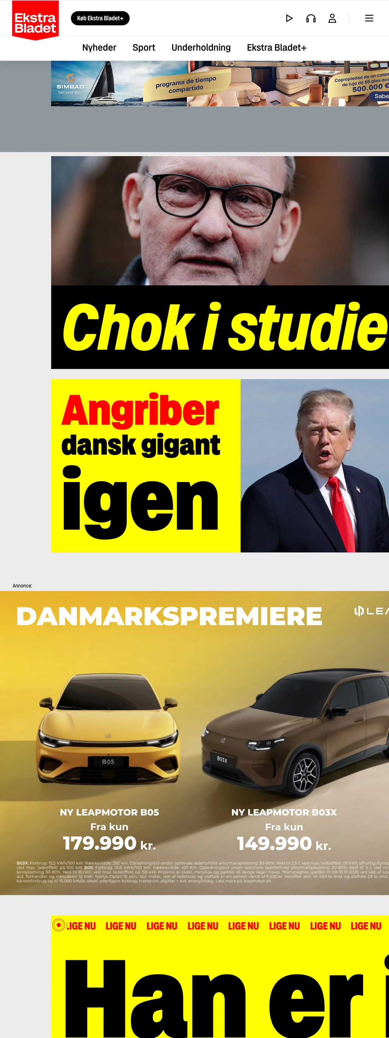 Screenshot of the Ekstra Bladet front page