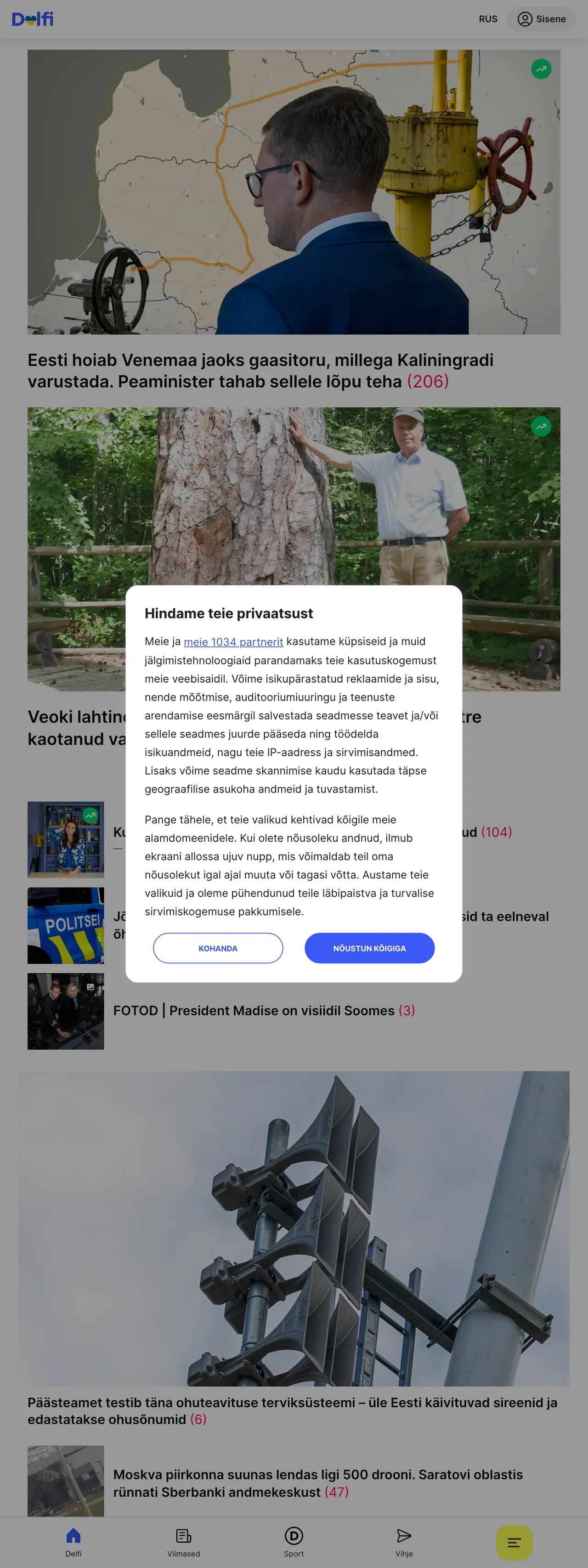 Screenshot of the Delfi front page