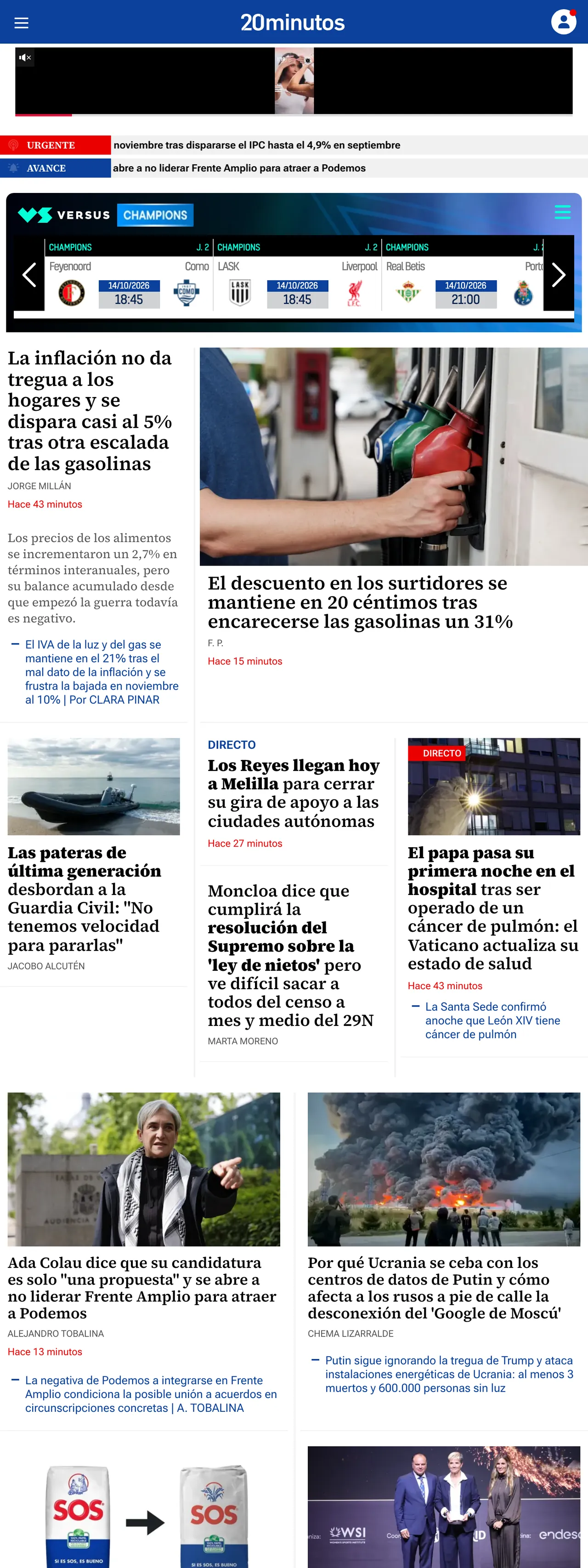 Screenshot of the 20minutos front page