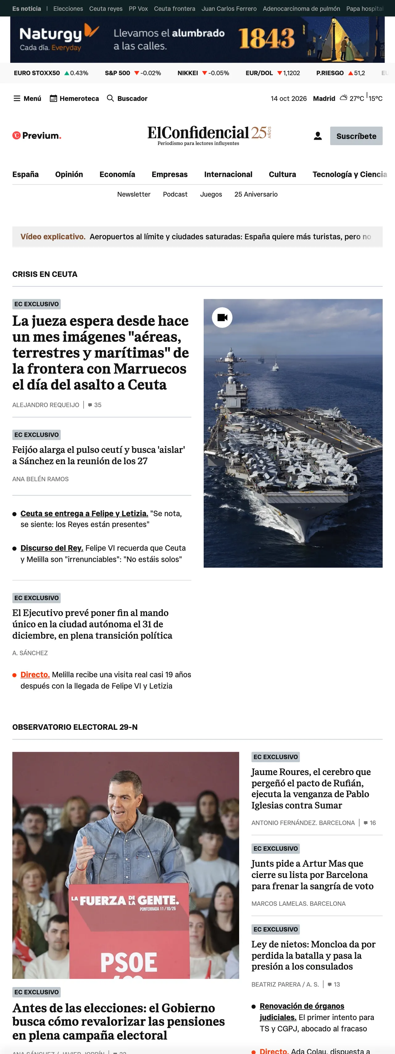 Screenshot of the El Confidencial front page