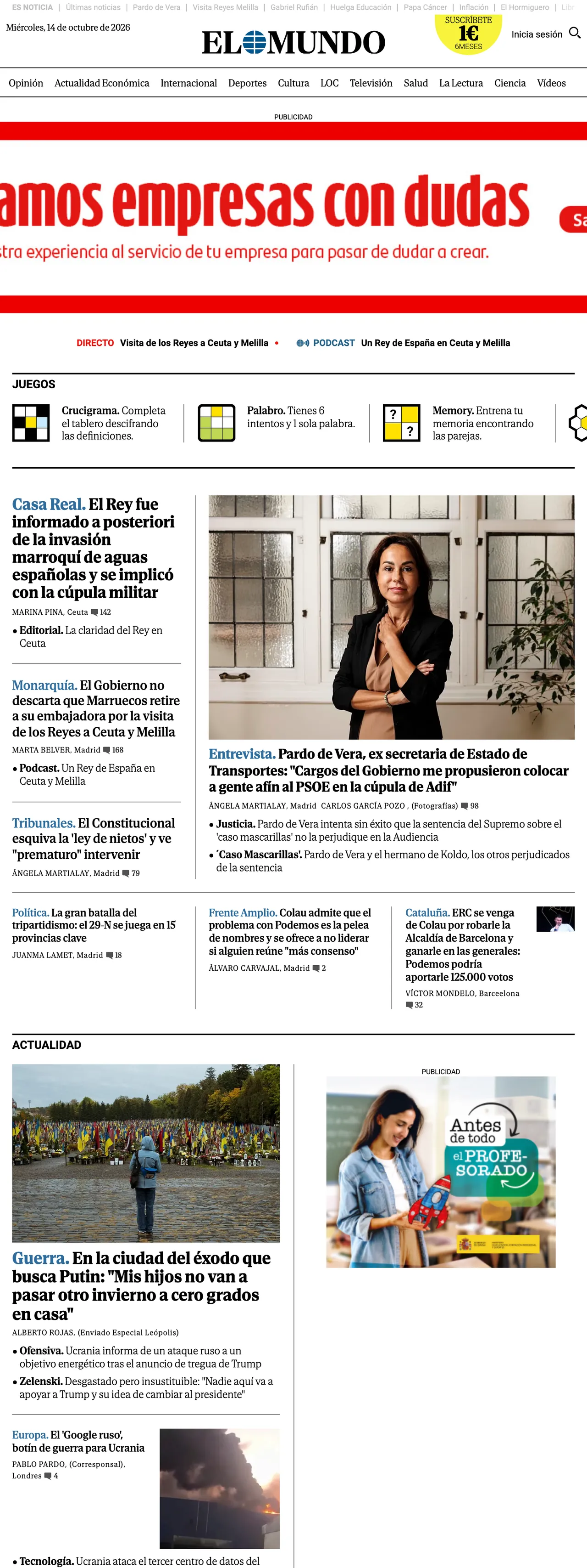 Screenshot of the El Mundo front page