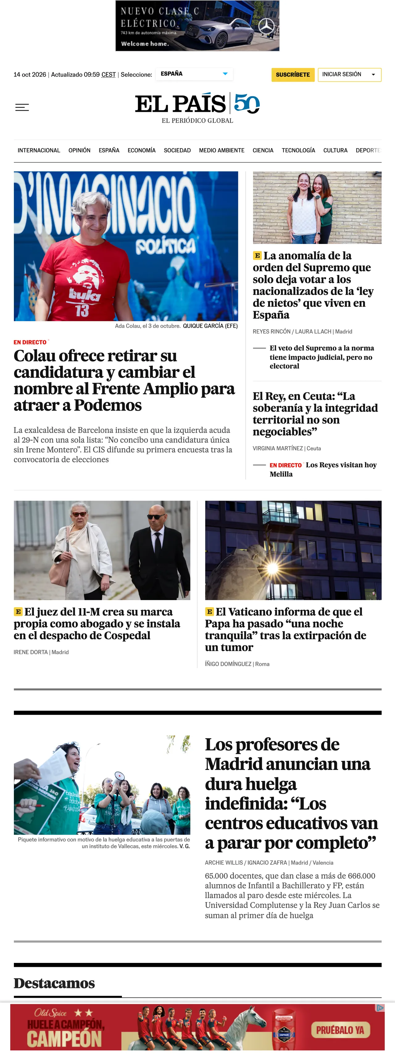 Screenshot of the EL PAÍS front page