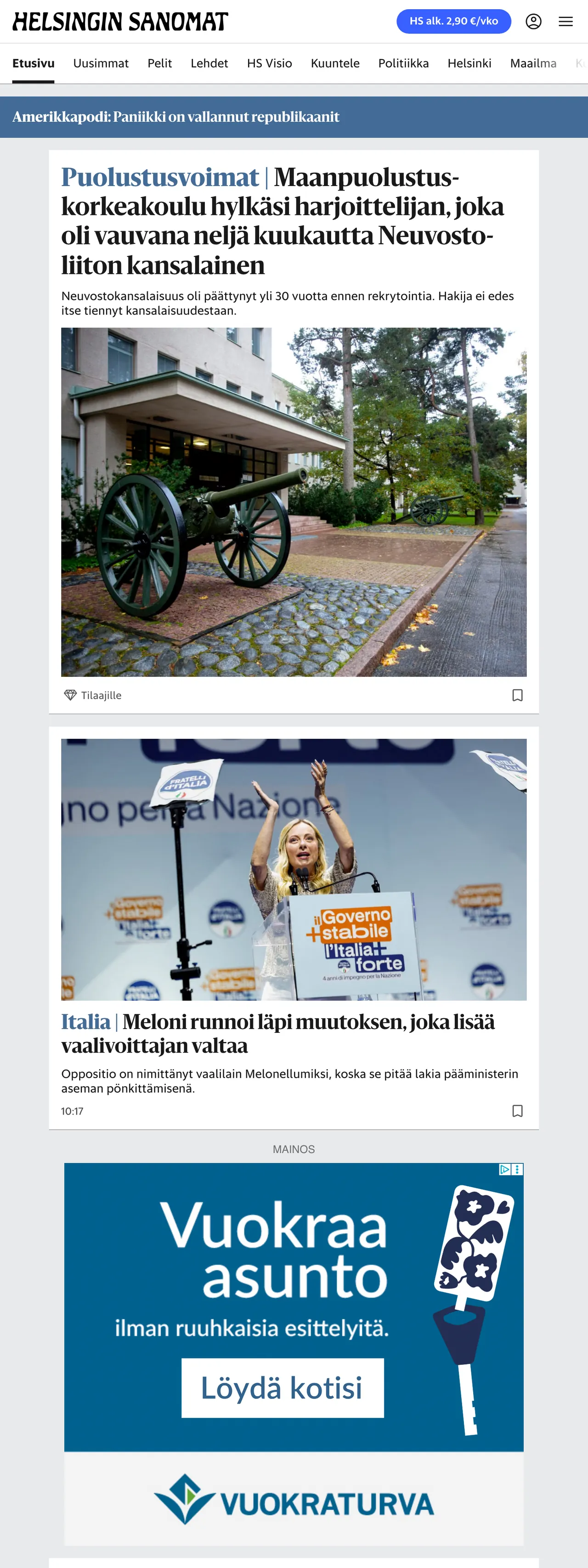 Screenshot of the Helsingin Sanomat front page