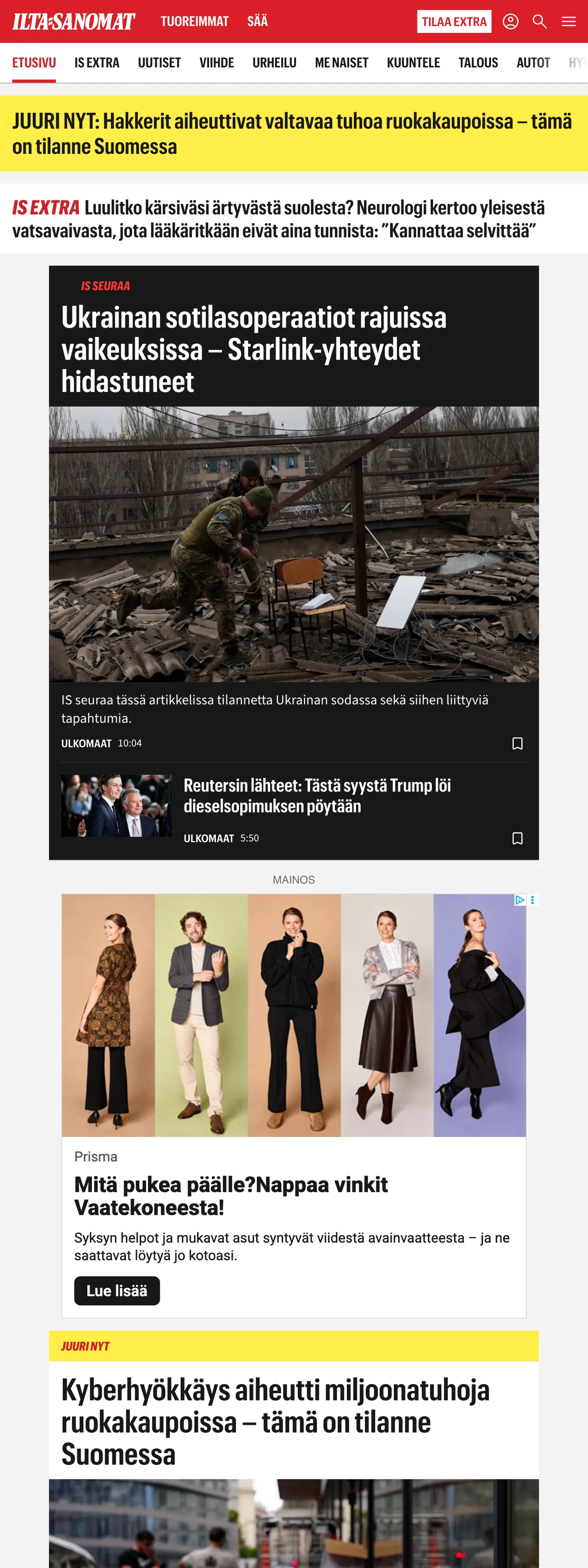 Screenshot of the Ilta-Sanomat front page