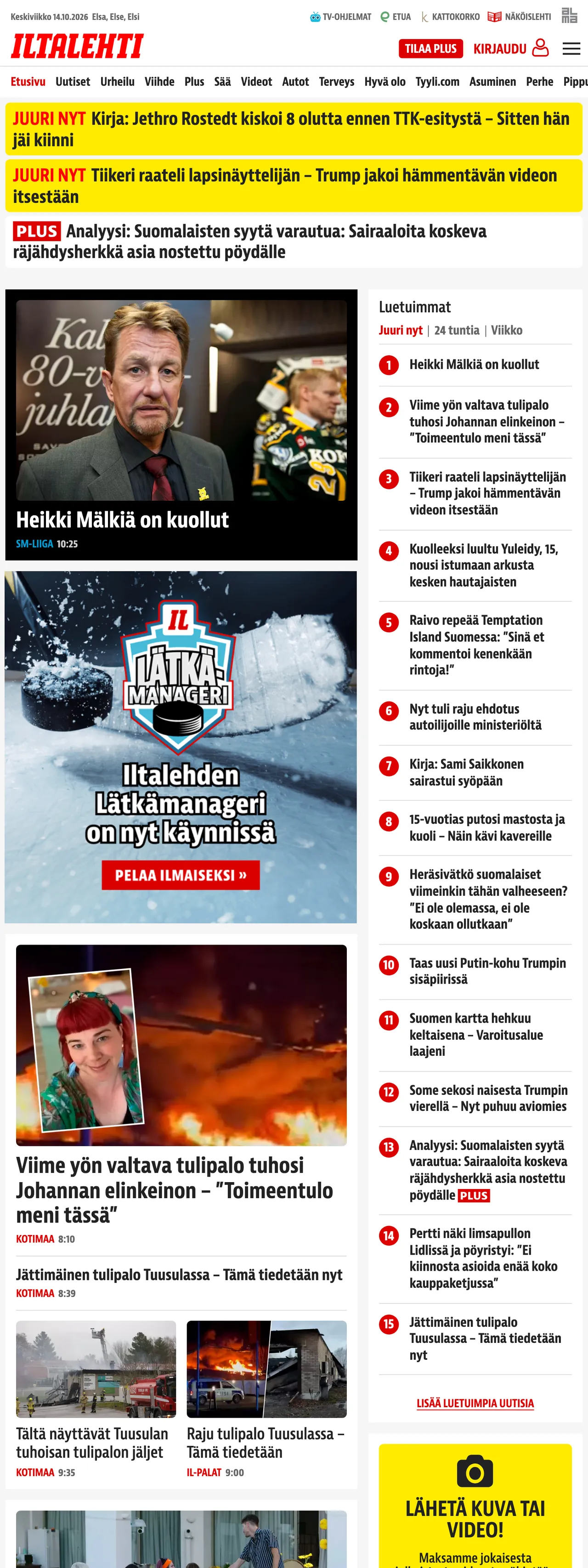 Screenshot of the Iltalehti front page