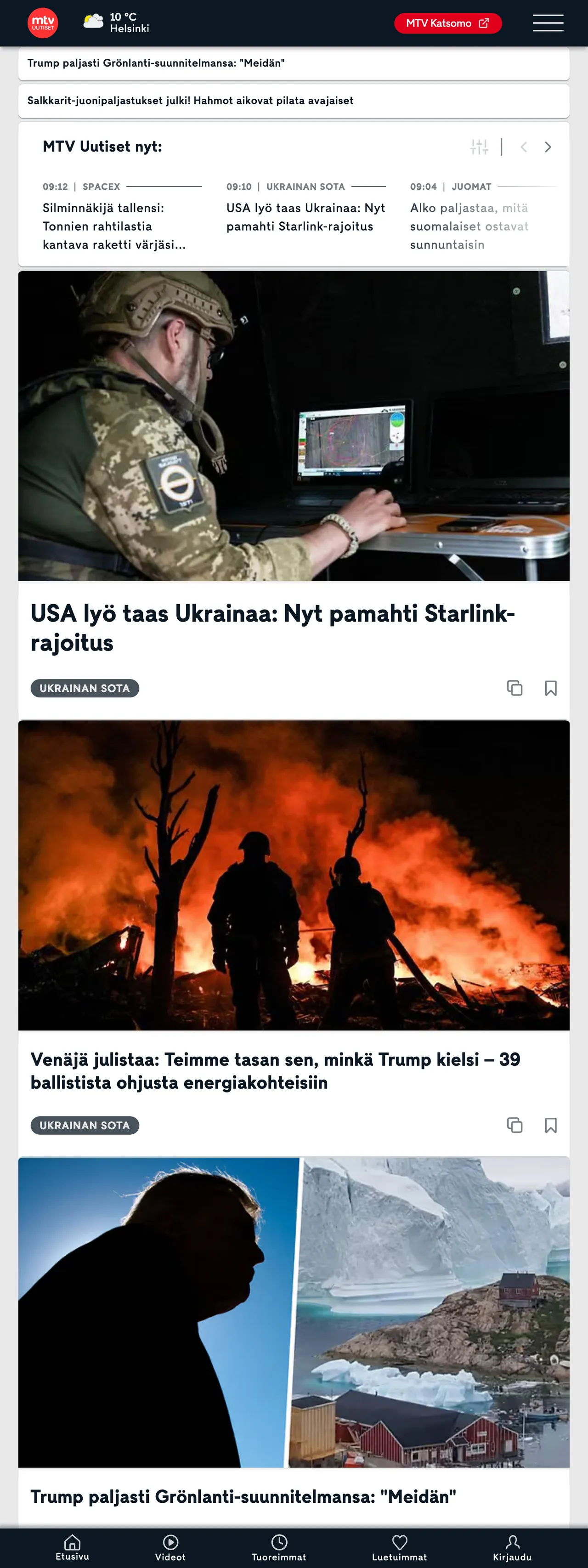 Screenshot of the MTV Uutiset front page