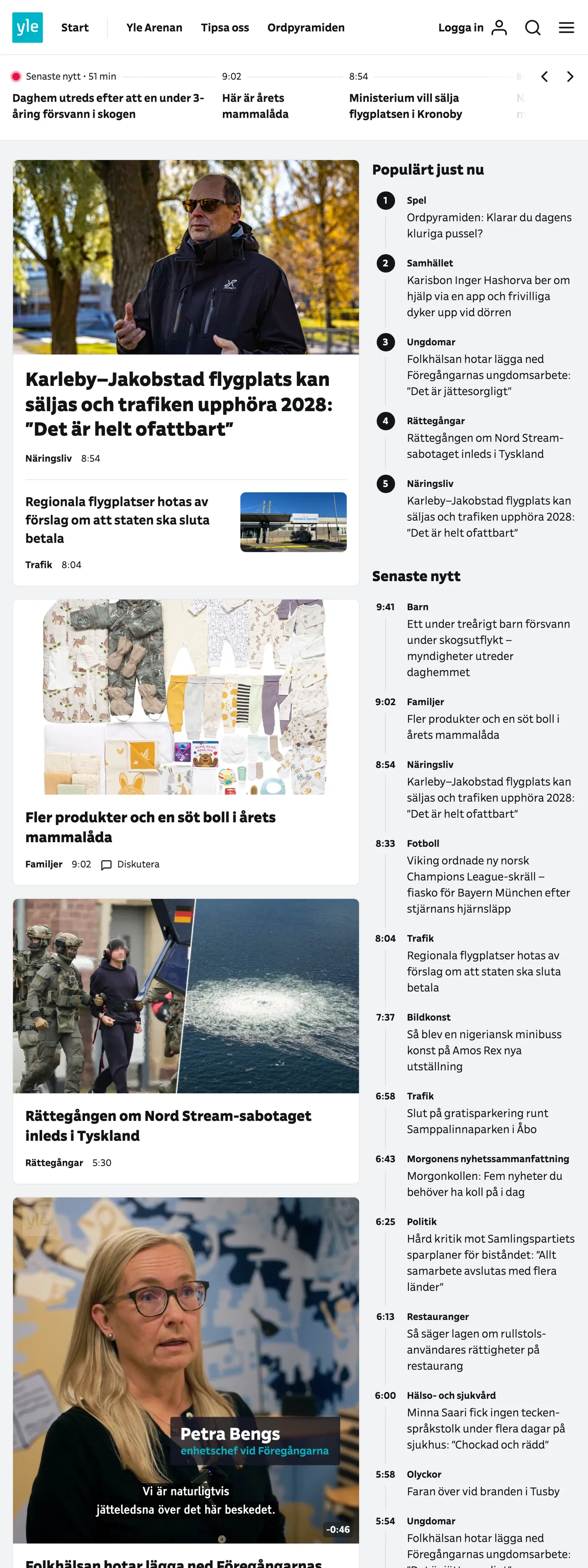Screenshot of the Svenska Yle front page