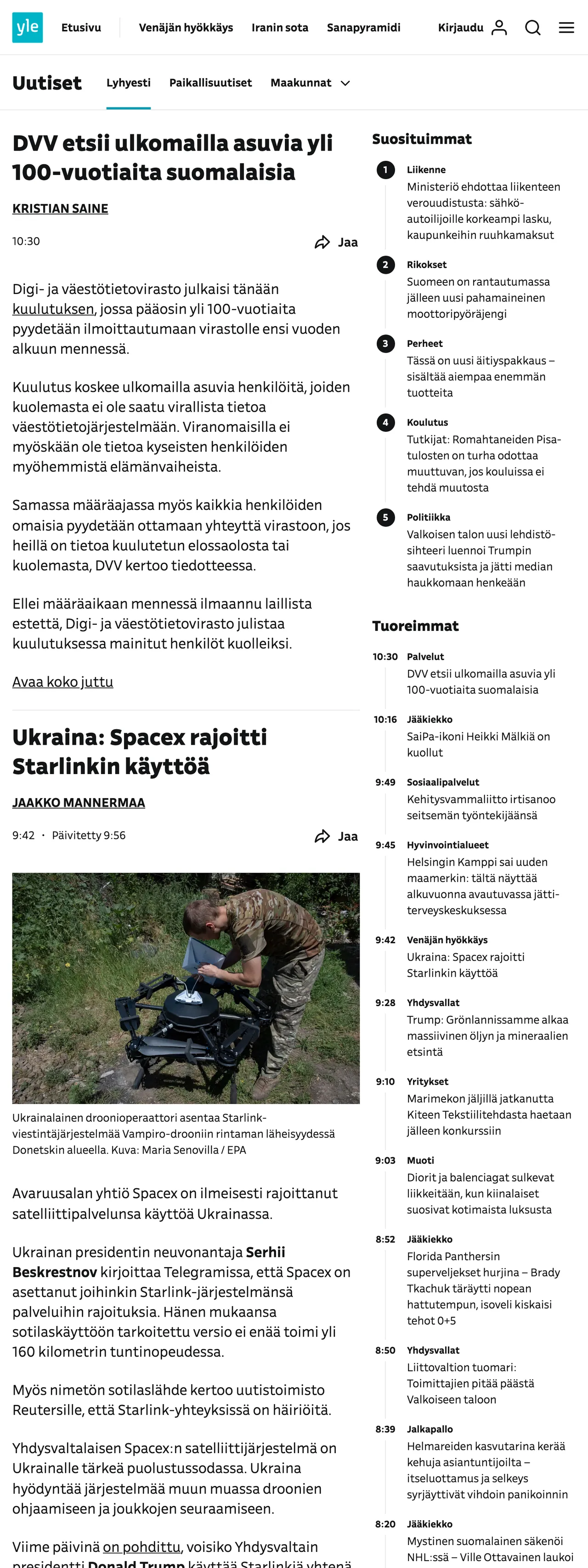 Screenshot of the Yle front page