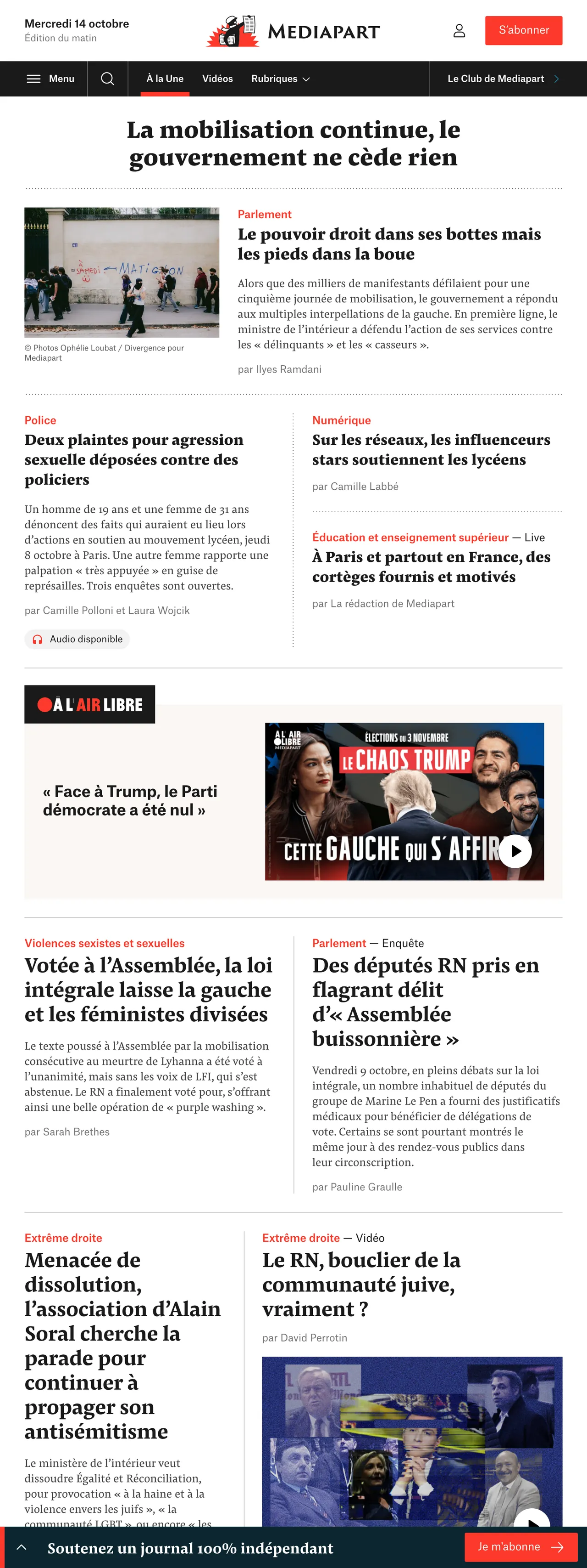 Screenshot of the Mediapart front page