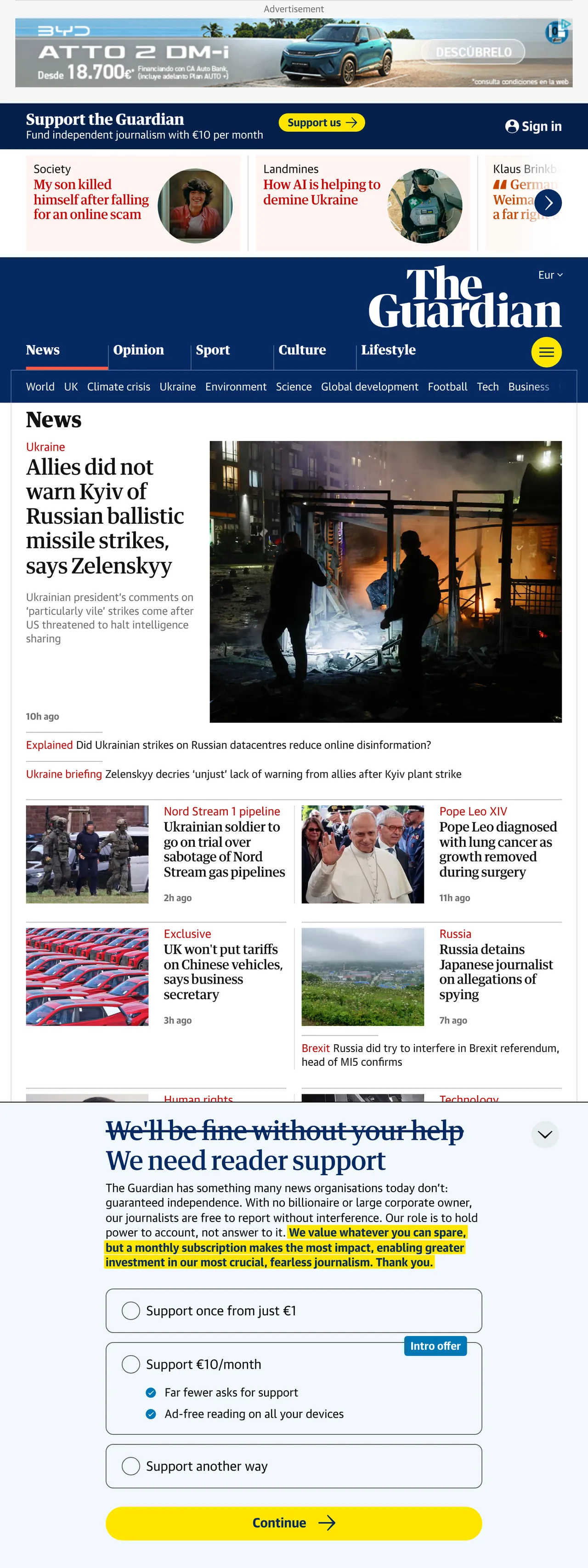 Screenshot of the The Guardian front page