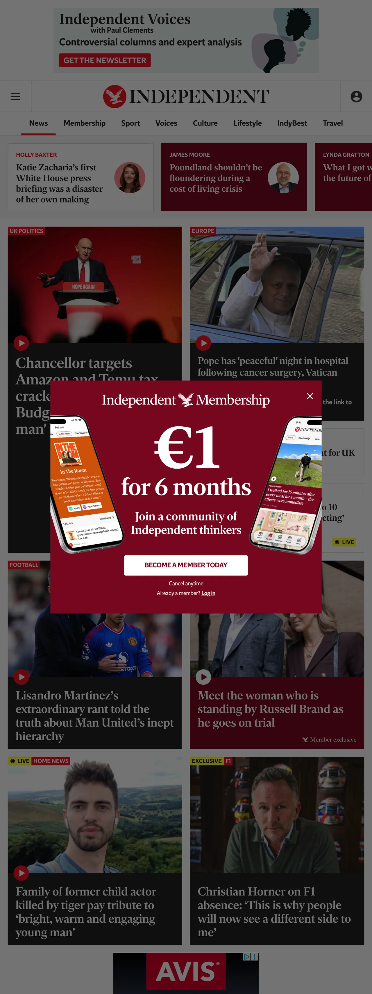 Screenshot of the The Independent front page