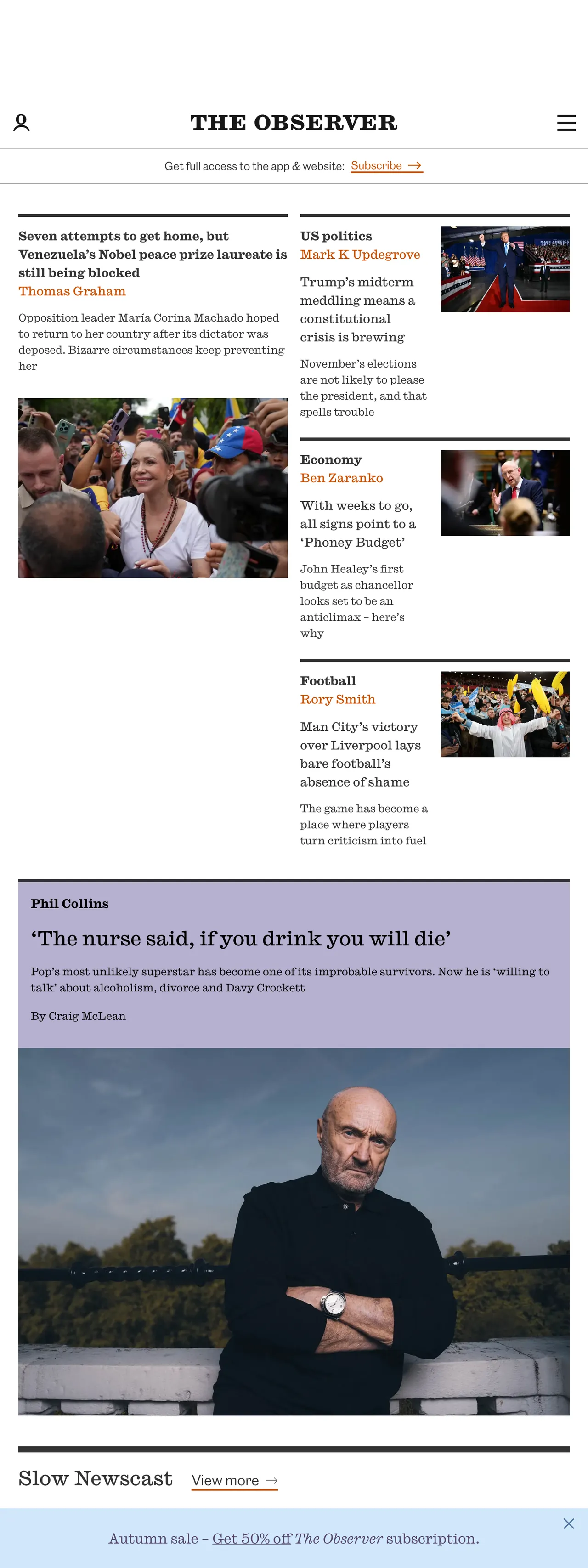 Screenshot of the The Observer front page