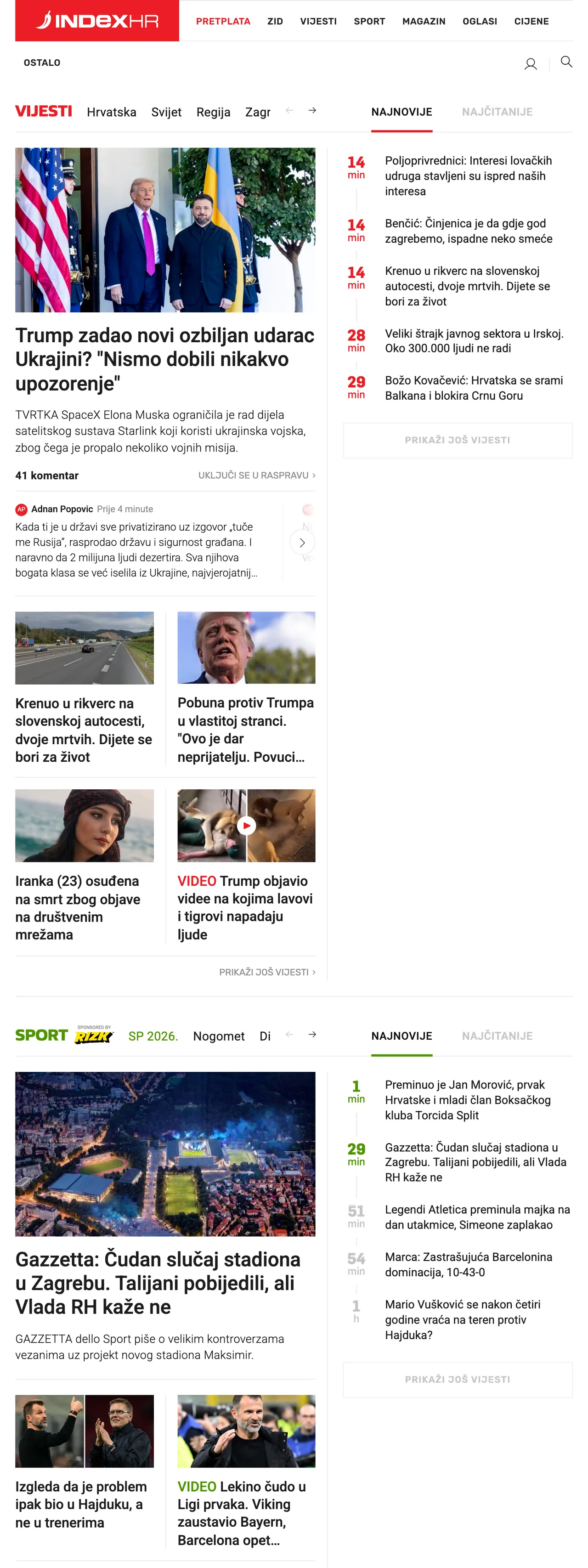 Screenshot of the Index.hr front page