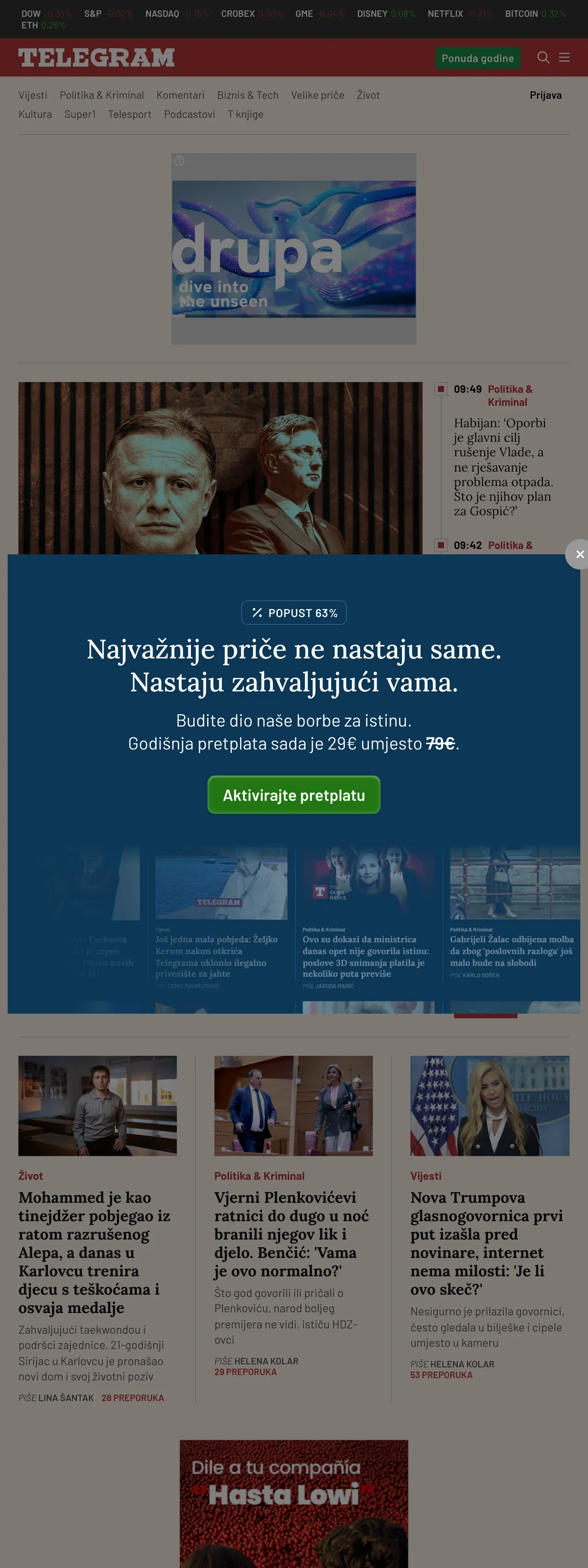 Screenshot of the Telegram.hr front page