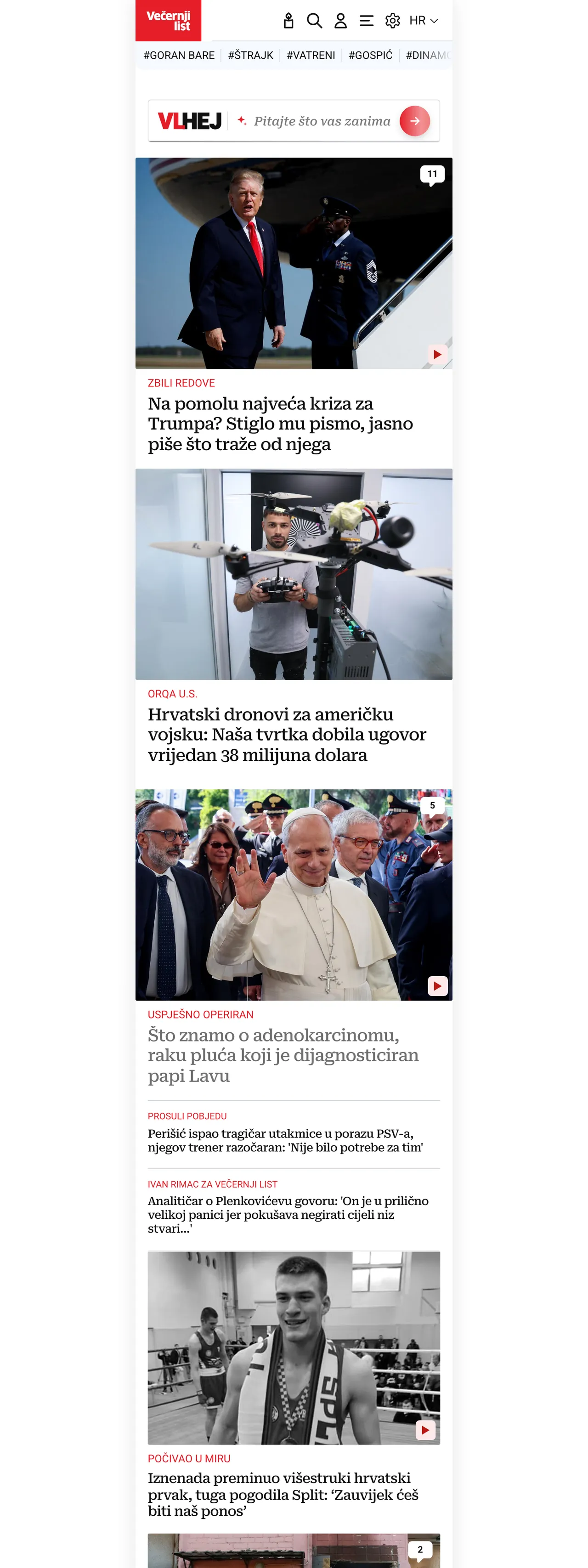 Screenshot of the Večernji list front page