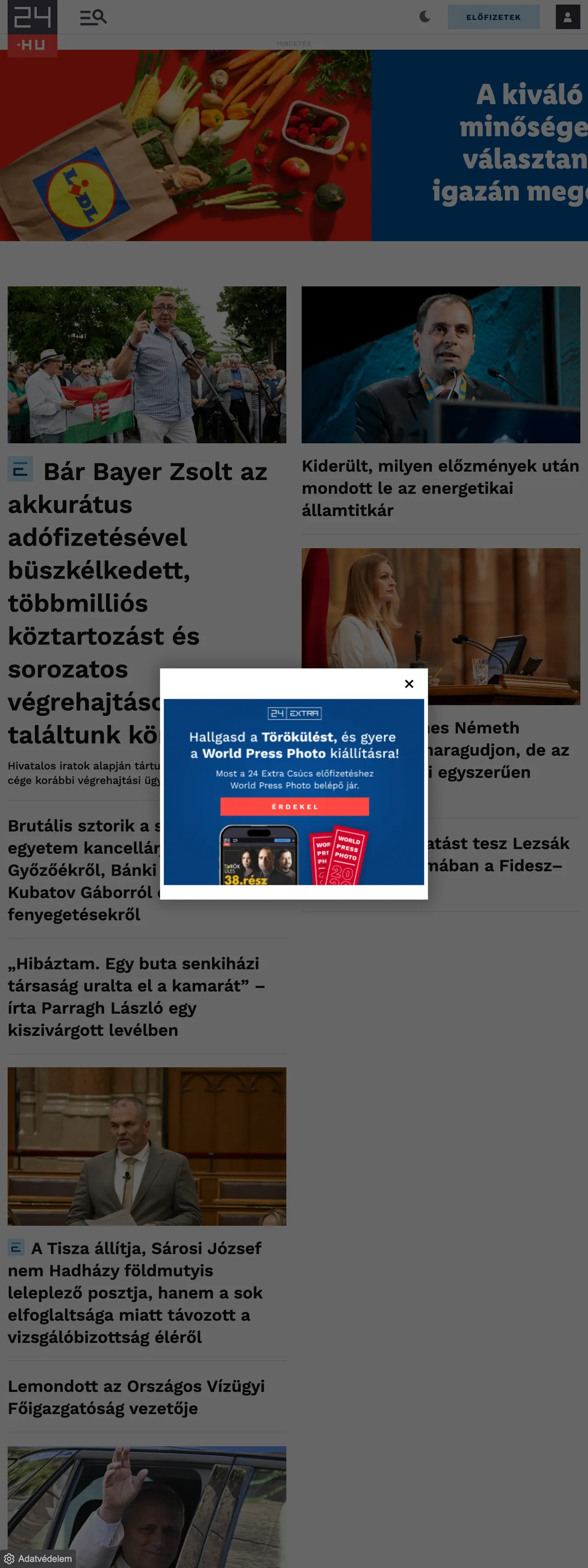 Screenshot of the 24.hu front page