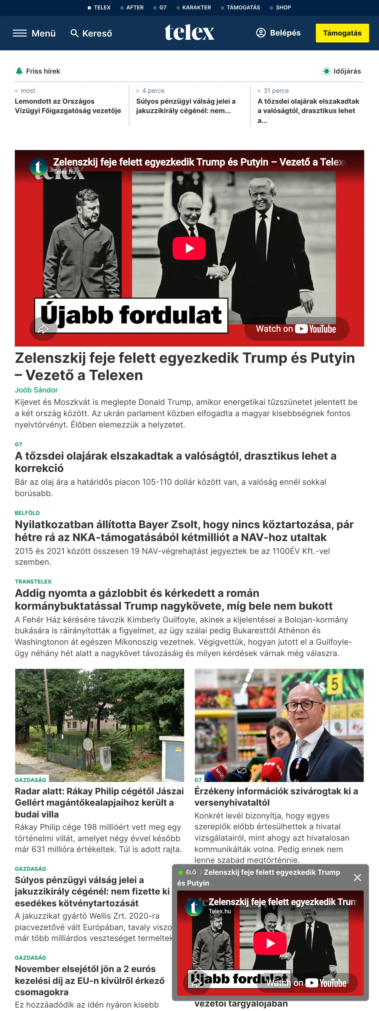 Screenshot of the Telex front page