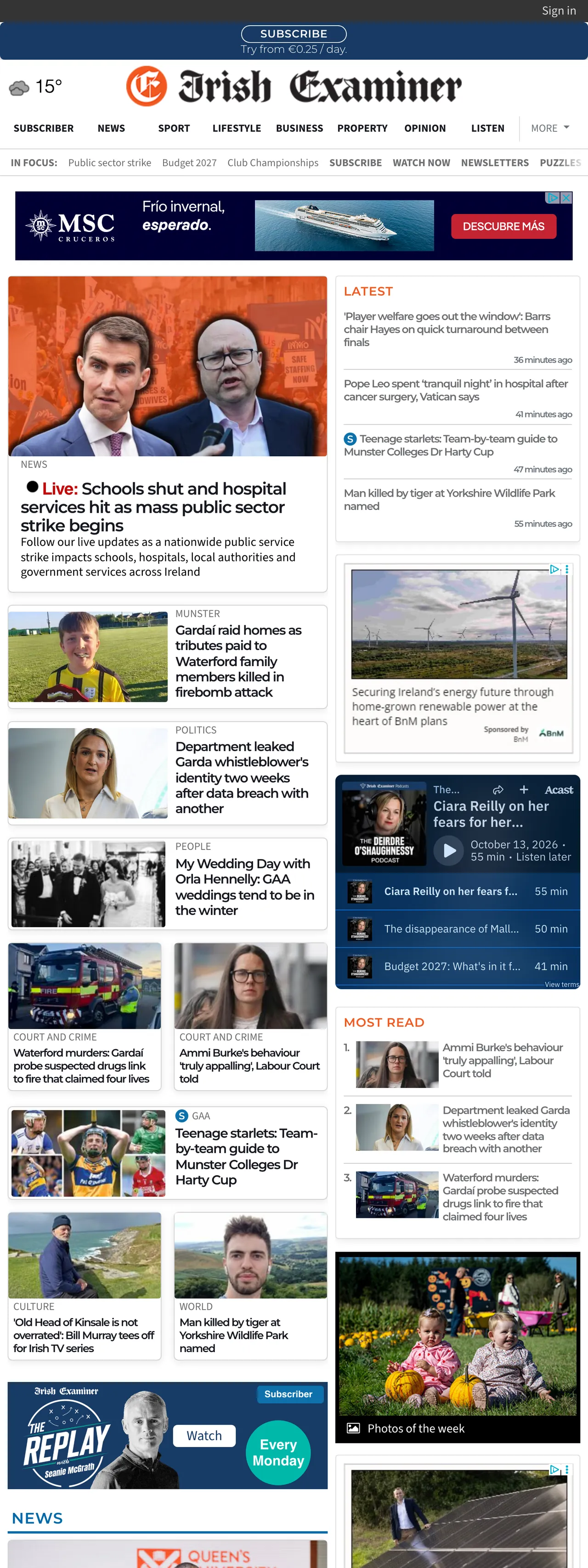 Screenshot of the Irish Examiner front page
