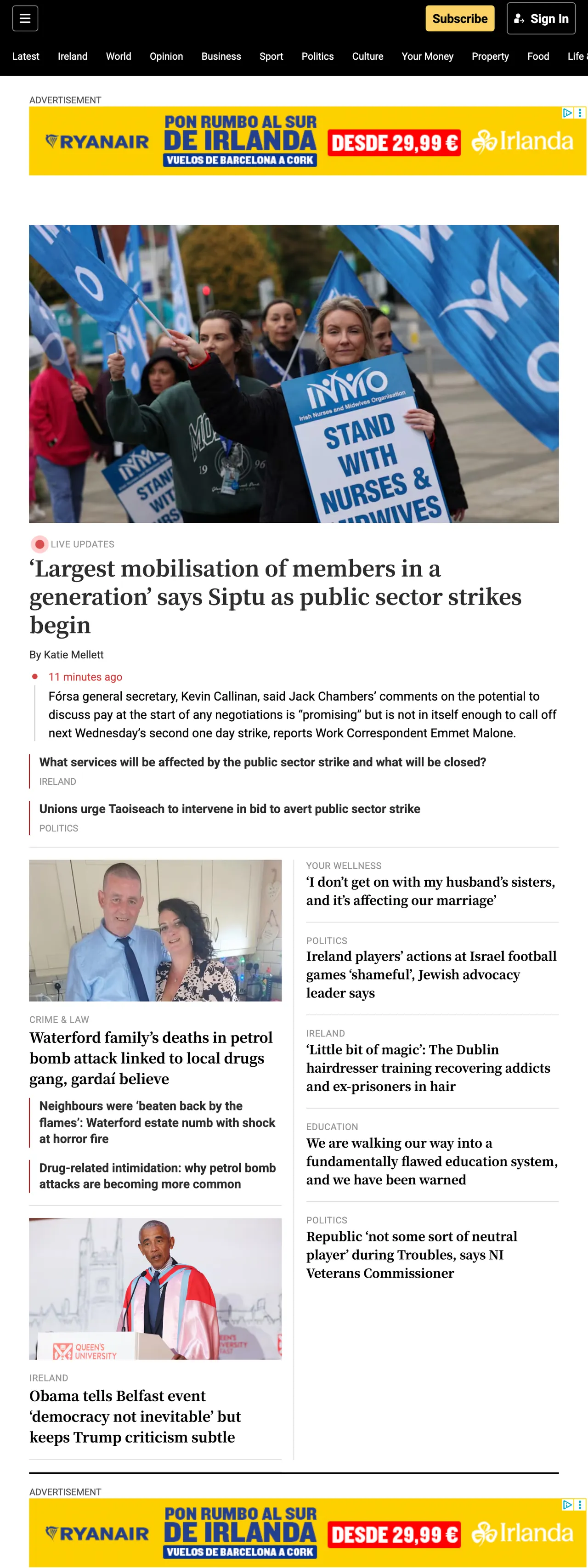 Screenshot of the The Irish Times front page