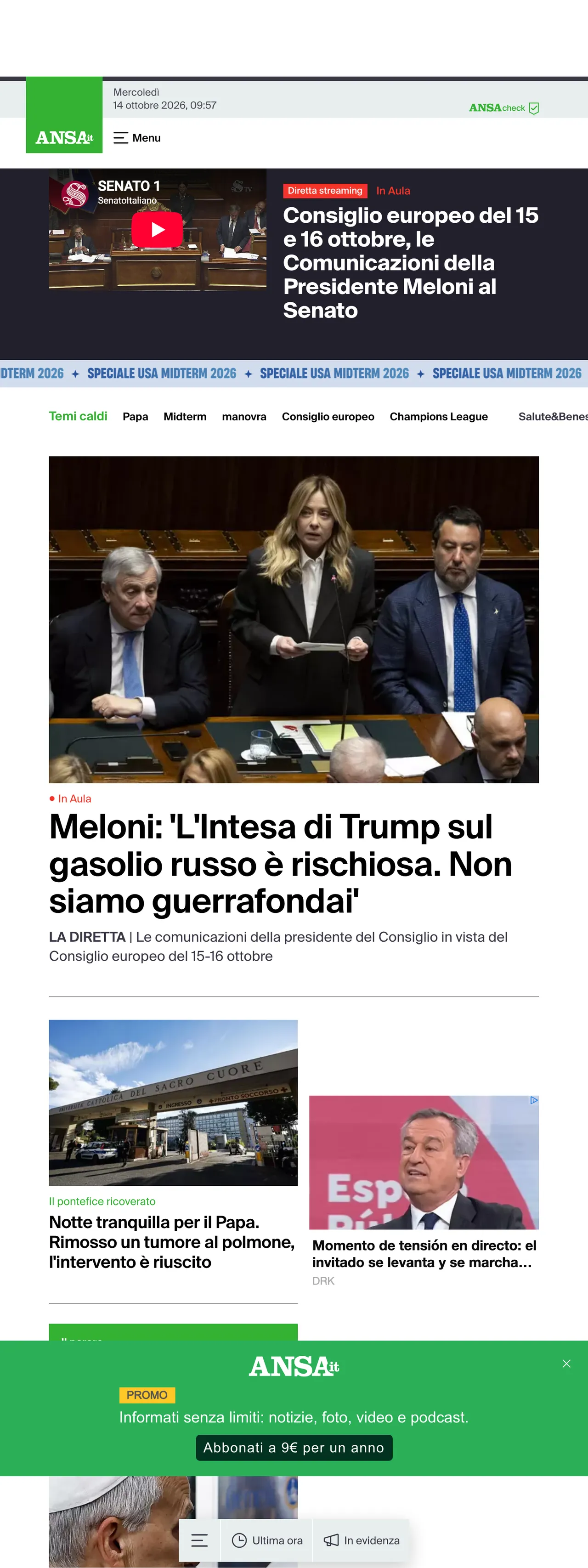 Screenshot of the ANSA front page