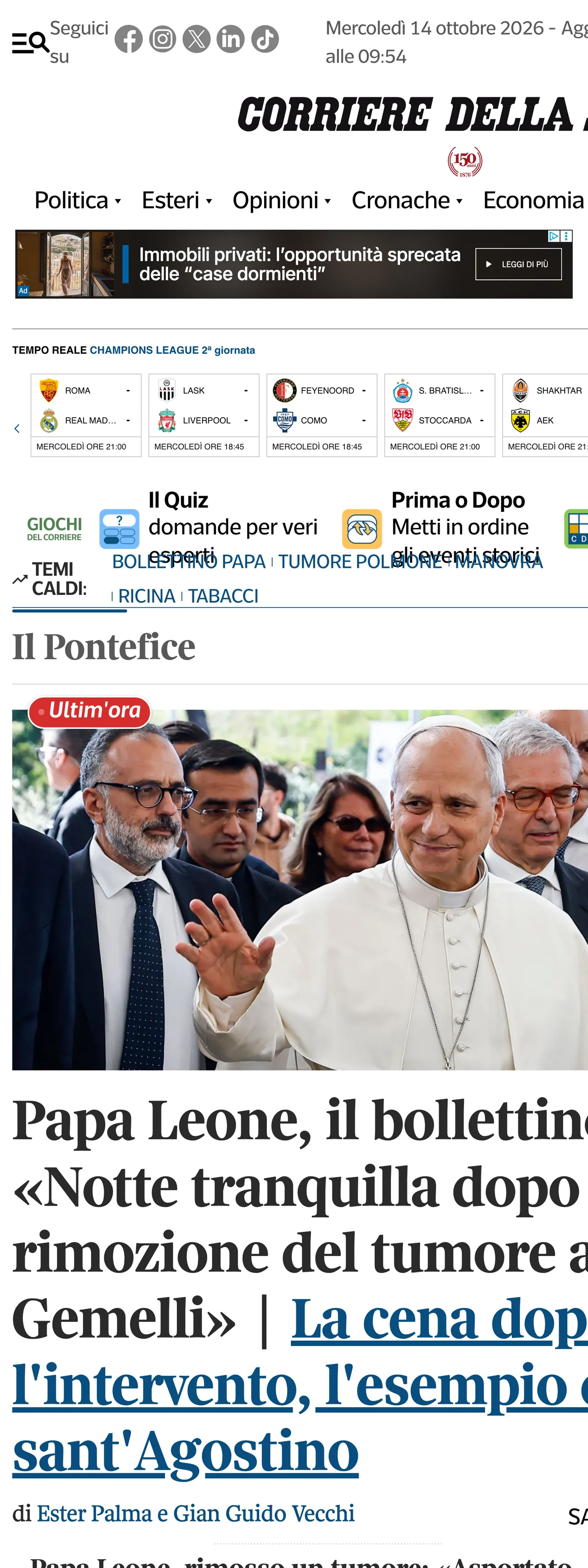 Screenshot of the Corriere della Sera front page
