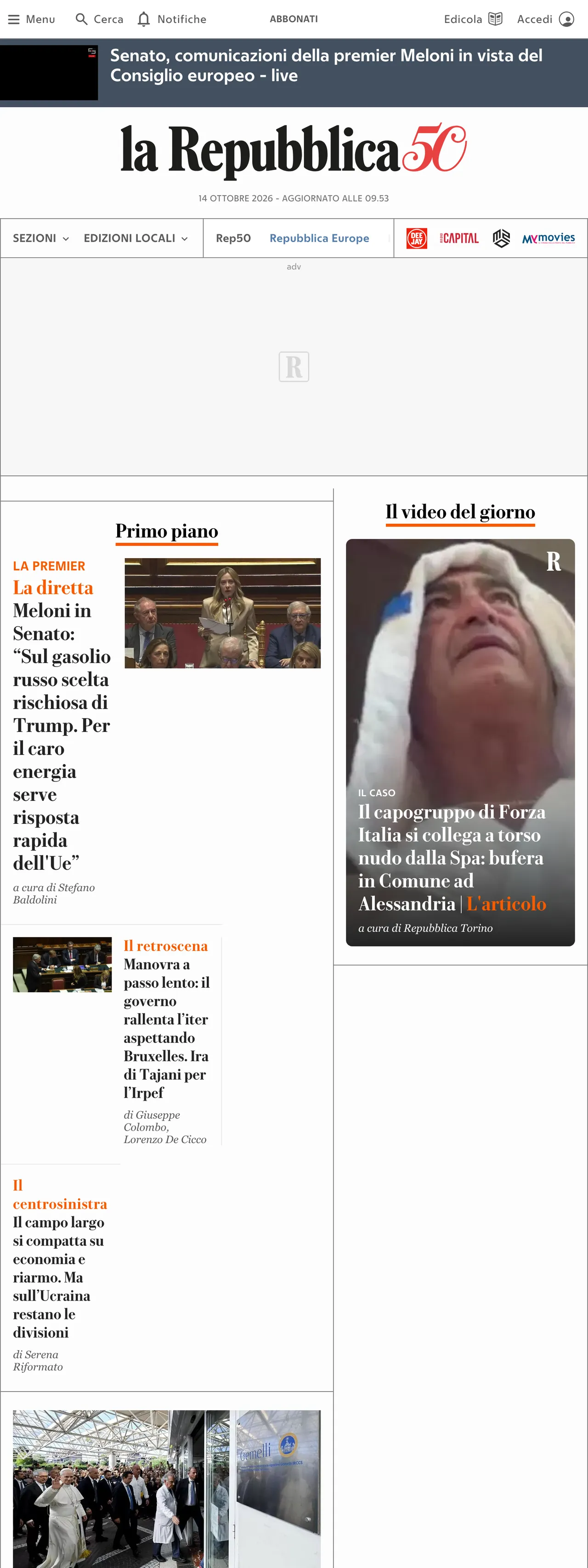 Screenshot of the la Repubblica front page
