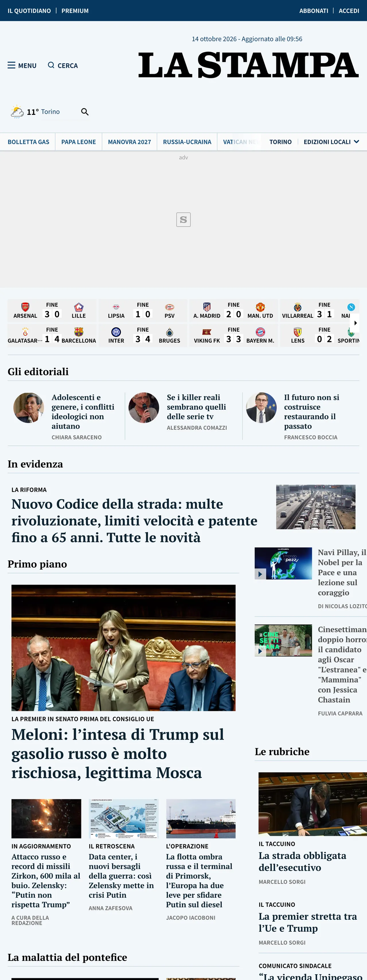 Screenshot of the La Stampa front page