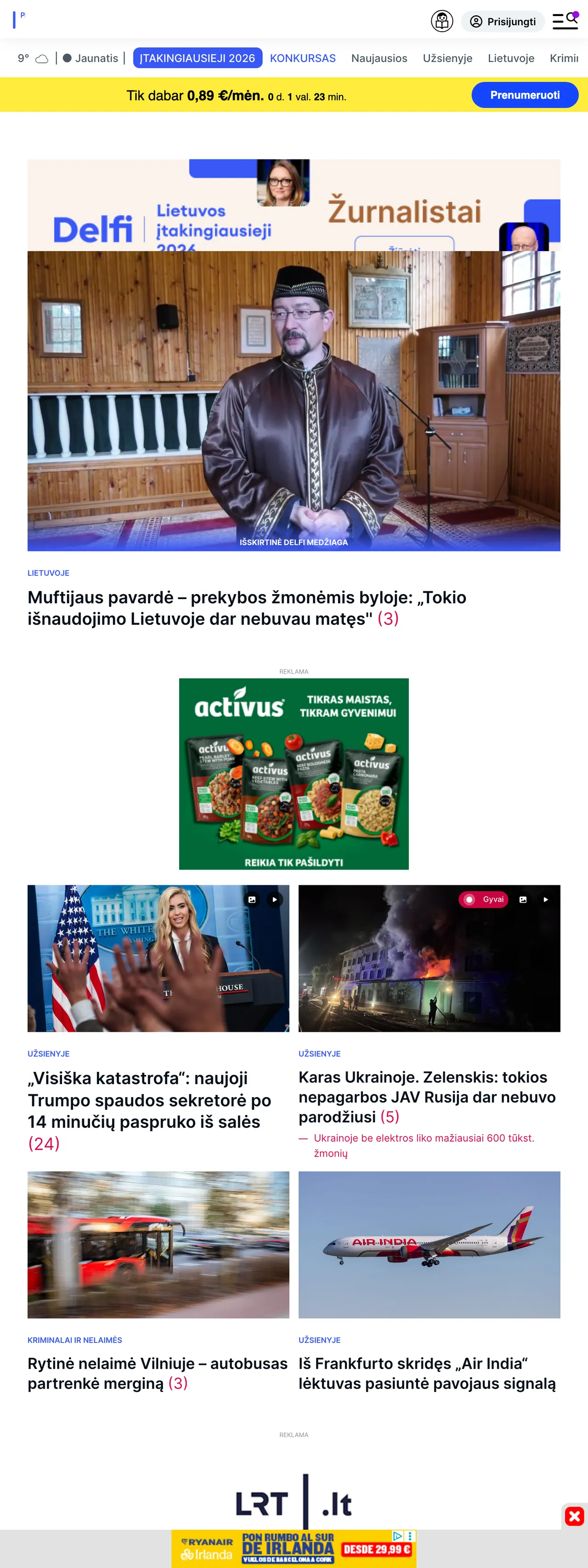 Screenshot of the Delfi front page