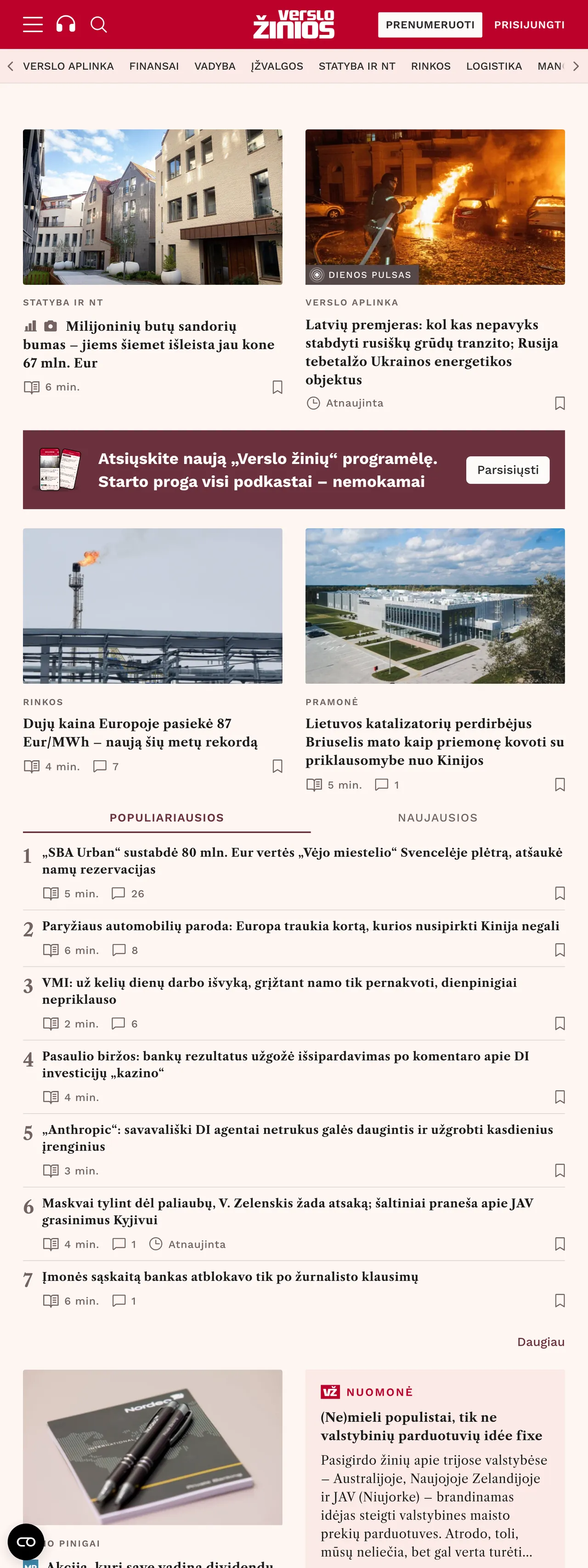 Screenshot of the Verslo žinios front page