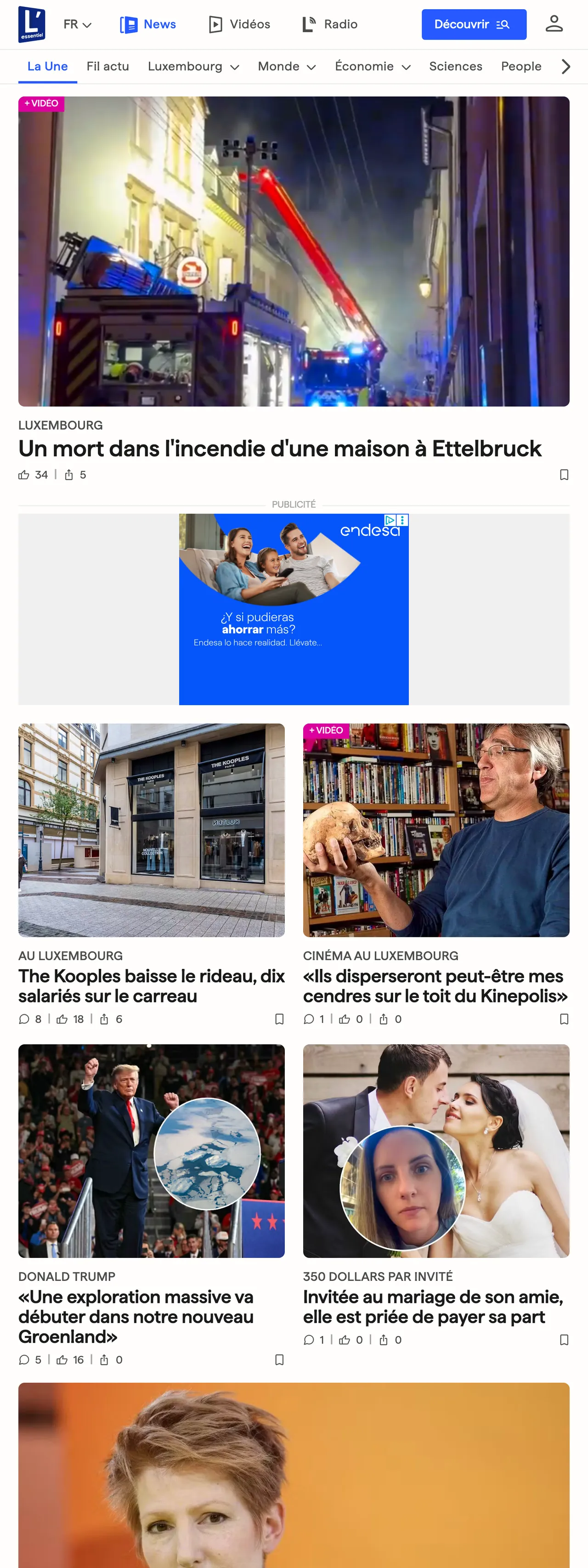 Screenshot of the L'essentiel front page