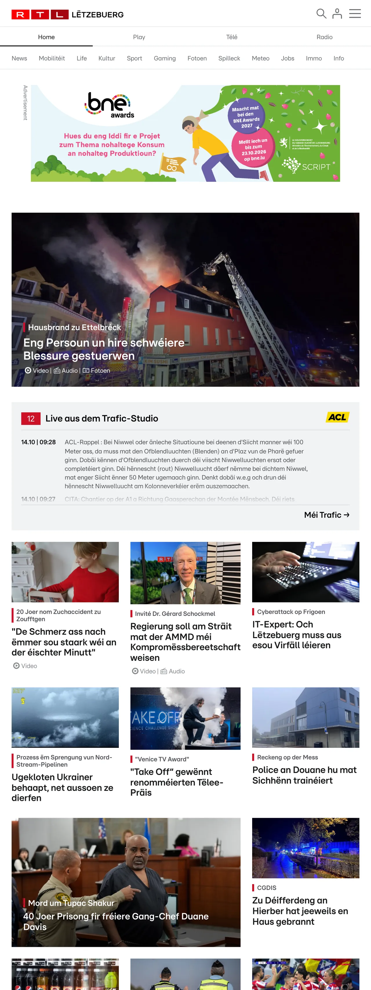 Screenshot of the RTL Lëtzebuerg front page