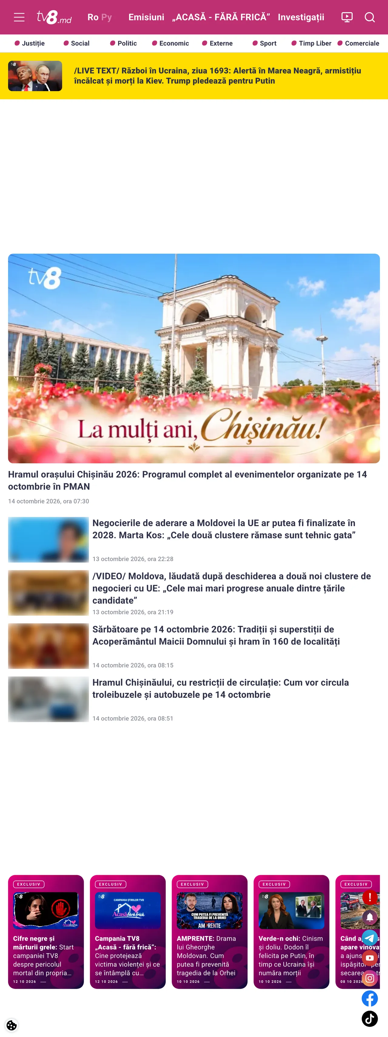Screenshot of the TV8 front page