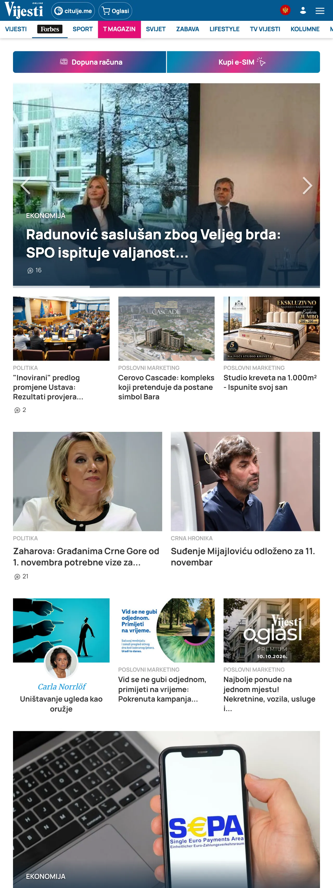 Screenshot of the Vijesti front page