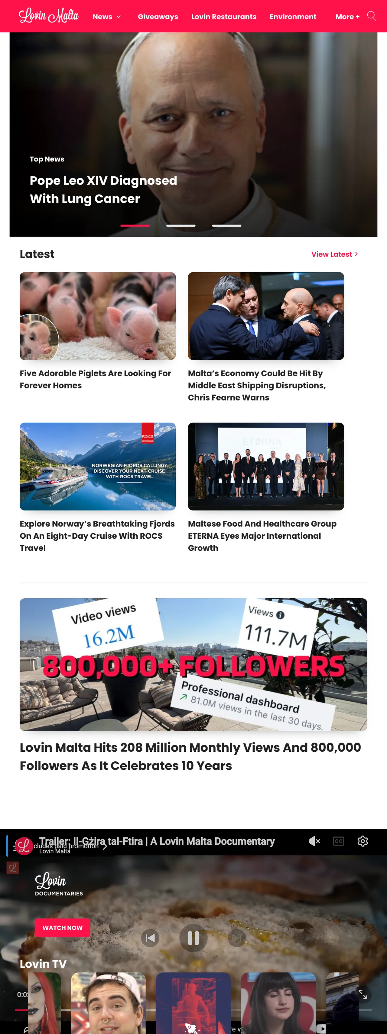 Screenshot of the Lovin Malta front page