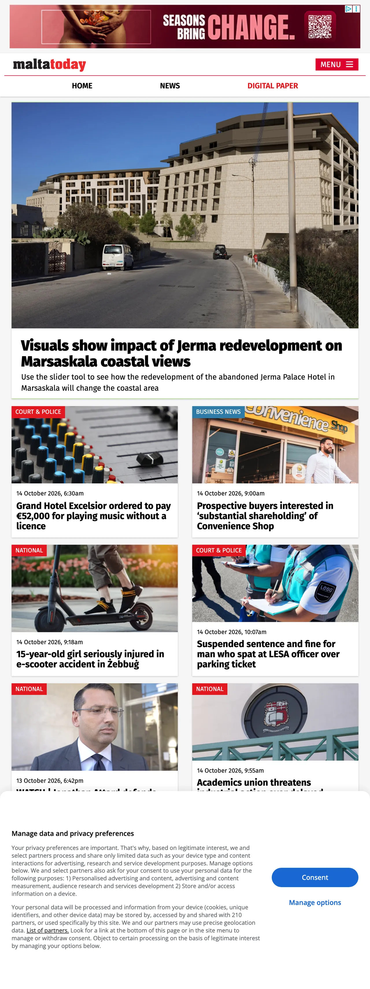 Screenshot of the Malta Today front page