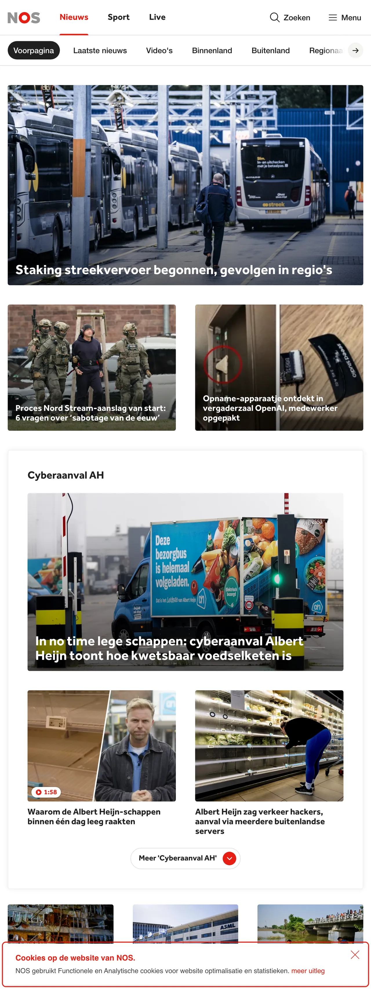 Screenshot of the NOS front page