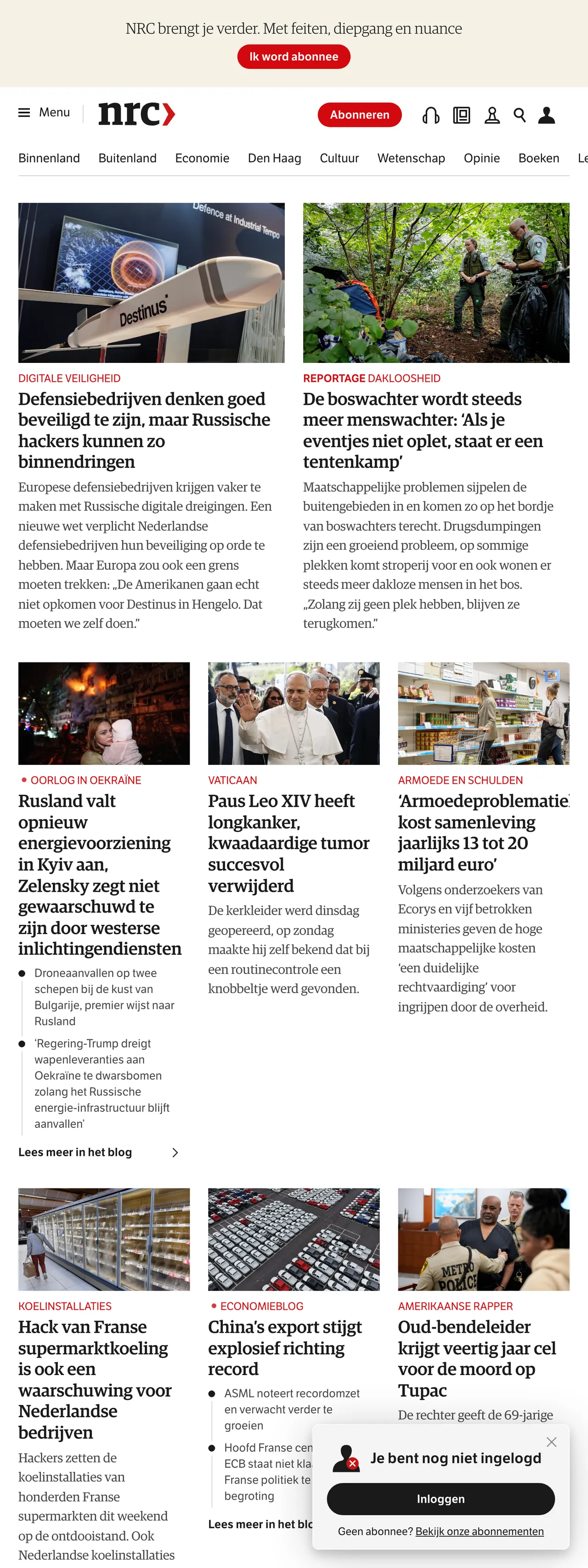 Screenshot of the NRC front page