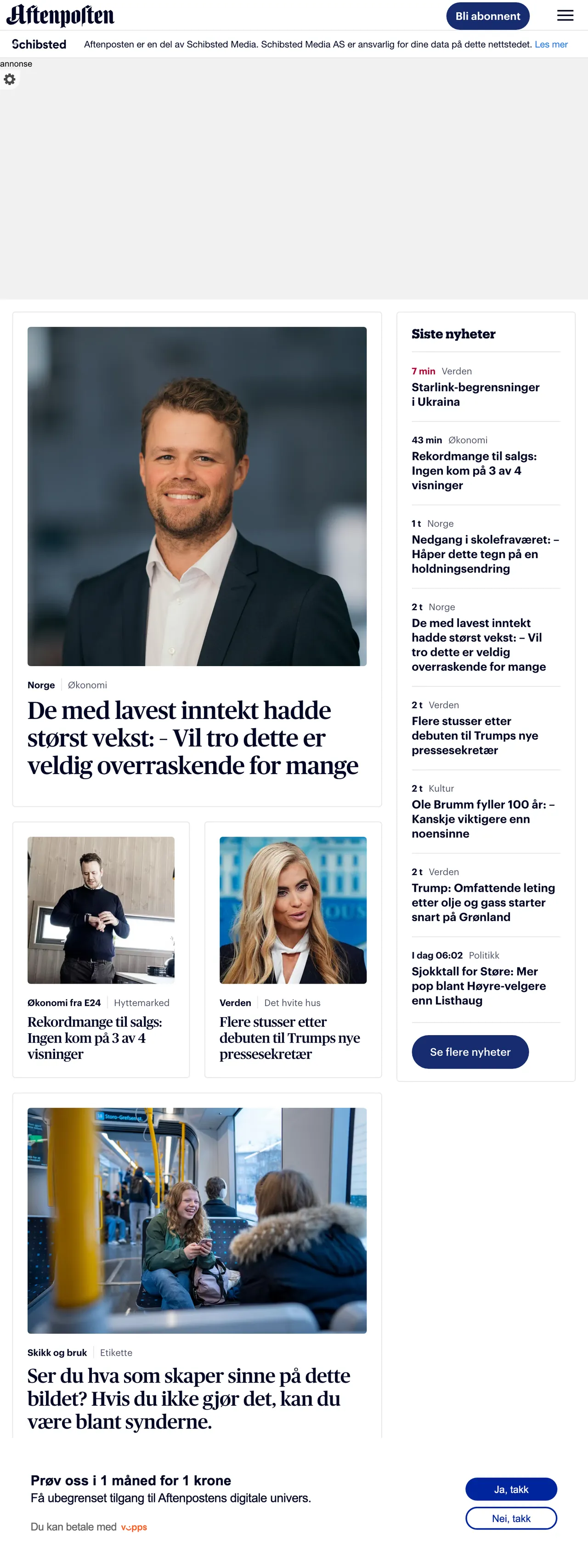 Screenshot of the Aftenposten front page