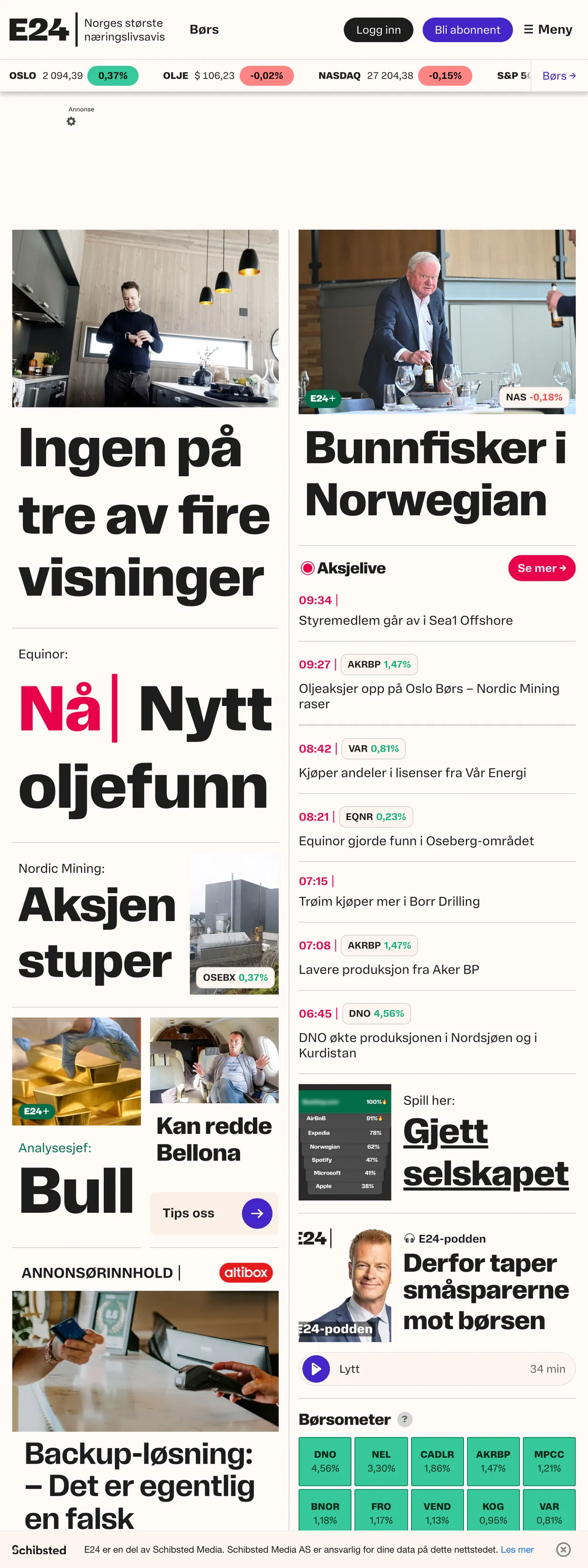 Screenshot of the E24 front page